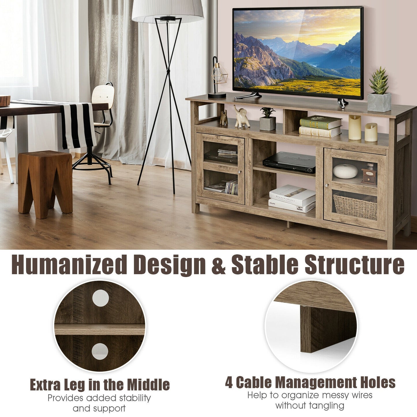 58 Inch TV Stand with Cabinets and Open Shelves for TVs up to 65 Inches, Natural Wood Finish