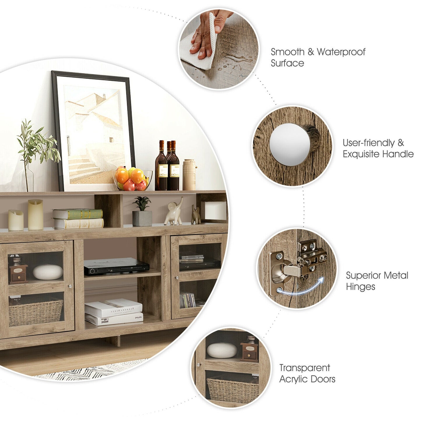58 Inch TV Stand with Cabinets and Open Shelves for TVs up to 65 Inches, Natural Wood Finish