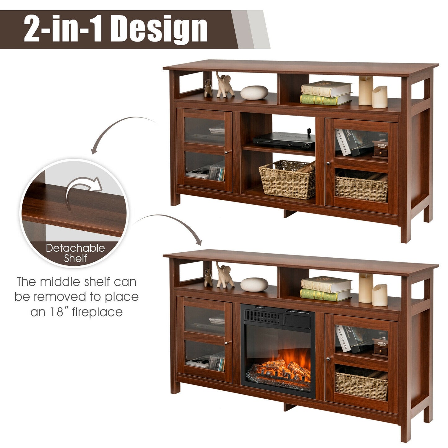 58 Inch TV Stand with Cabinets and Open Shelves for TVs up to 65 Inches, Walnut Wood Finish