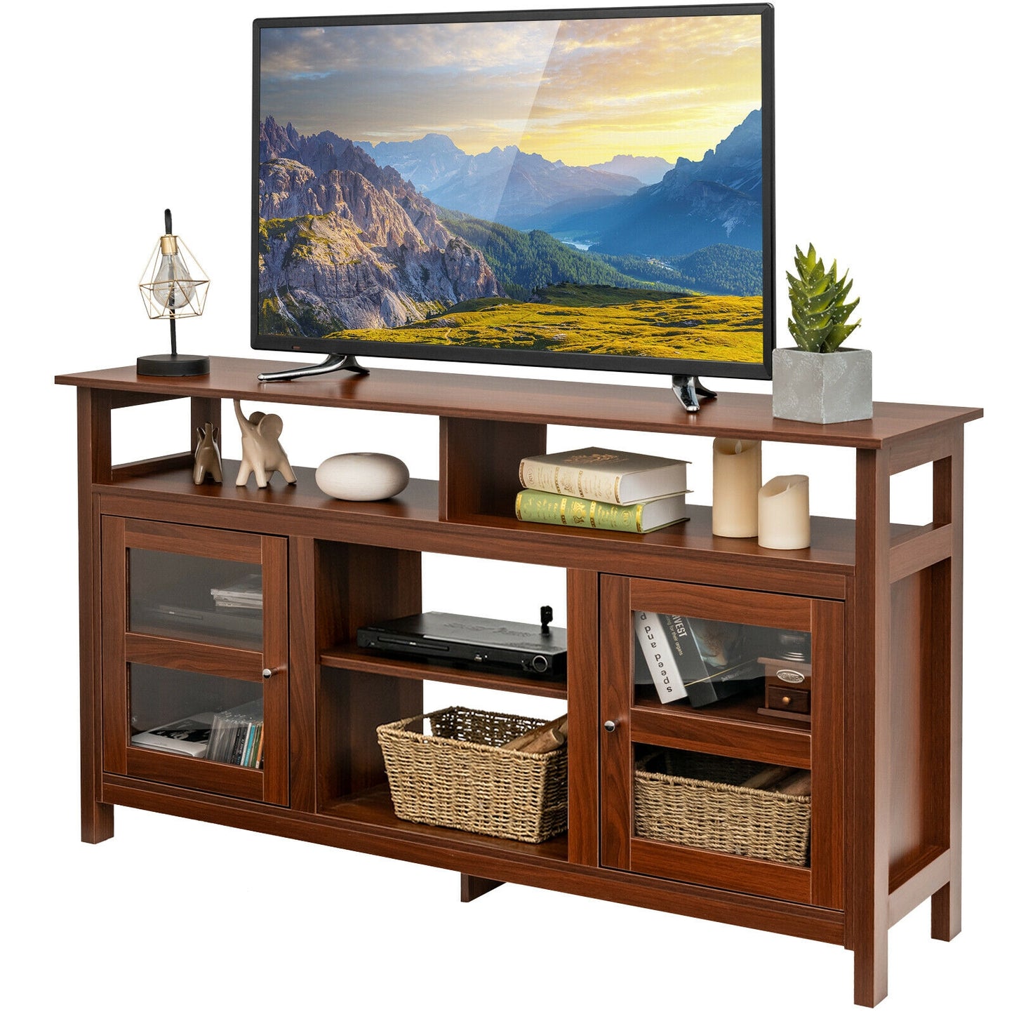 58 Inch TV Stand with Cabinets and Open Shelves for TVs up to 65 Inches, Walnut Wood Finish