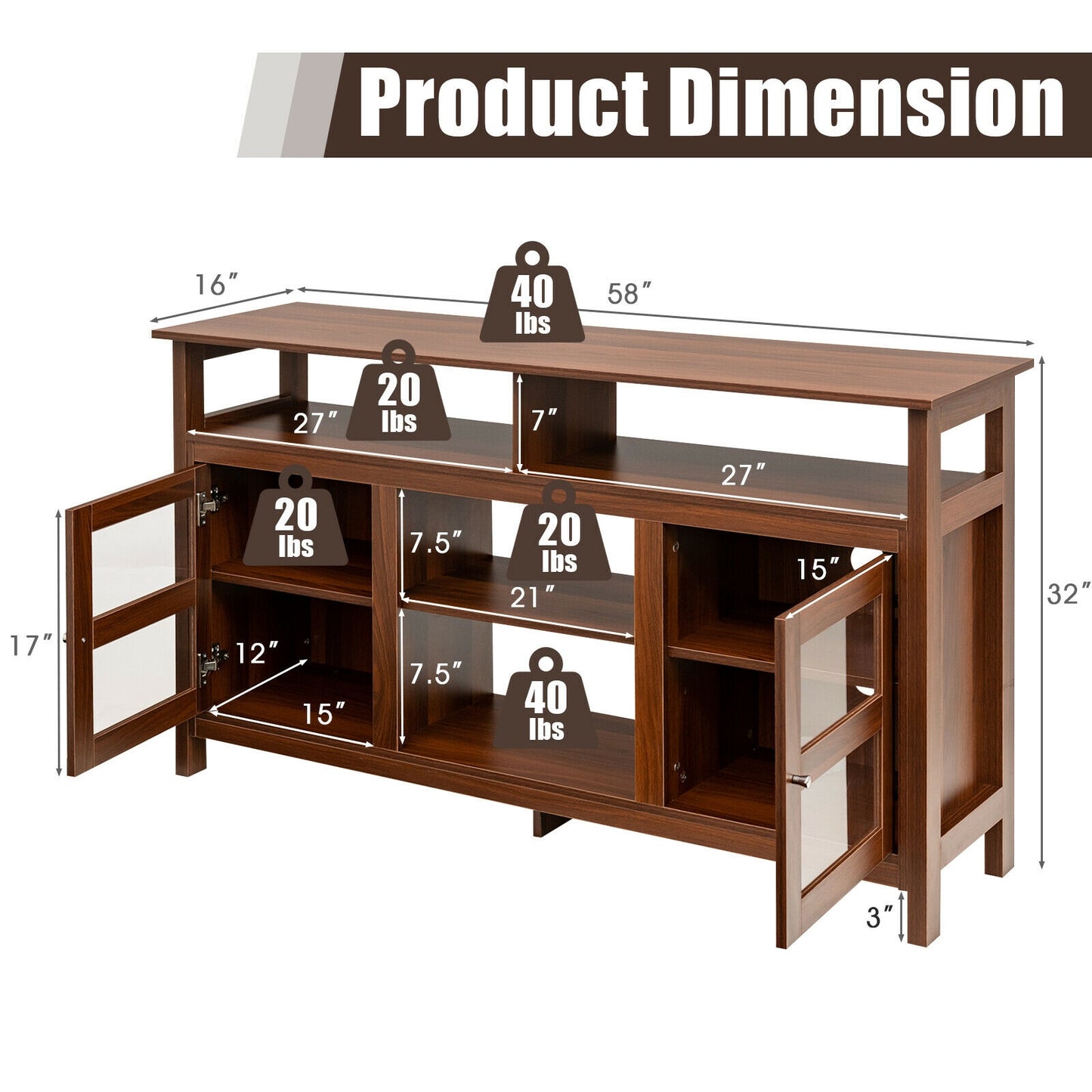 58 Inch TV Stand with Cabinets and Open Shelves for TVs up to 65 Inches, Walnut Wood Finish