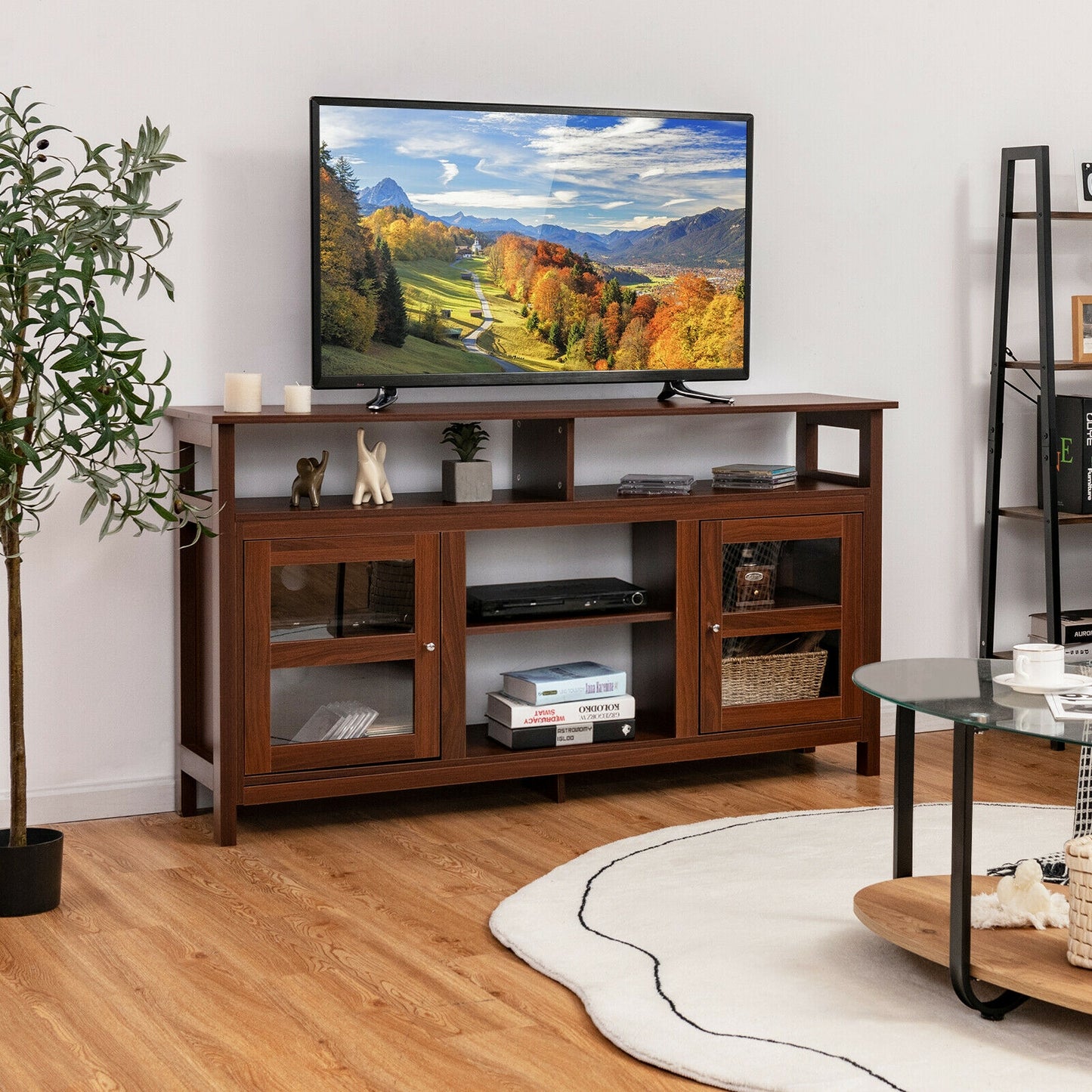 58 Inch TV Stand with Cabinets and Open Shelves for TVs up to 65 Inches, Walnut Wood Finish