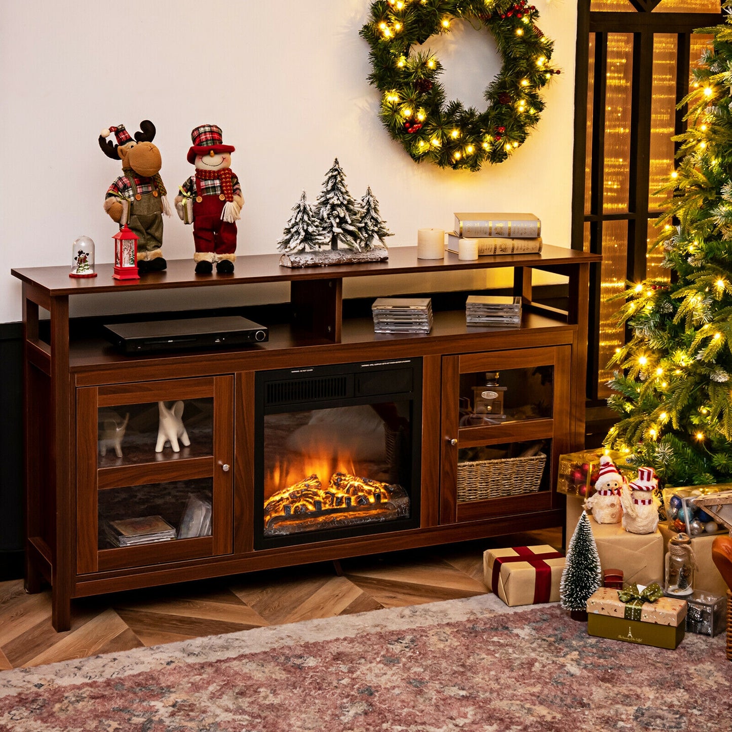 58 Inch TV Stand with Cabinets and Open Shelves for TVs up to 65 Inches, Walnut Wood Finish