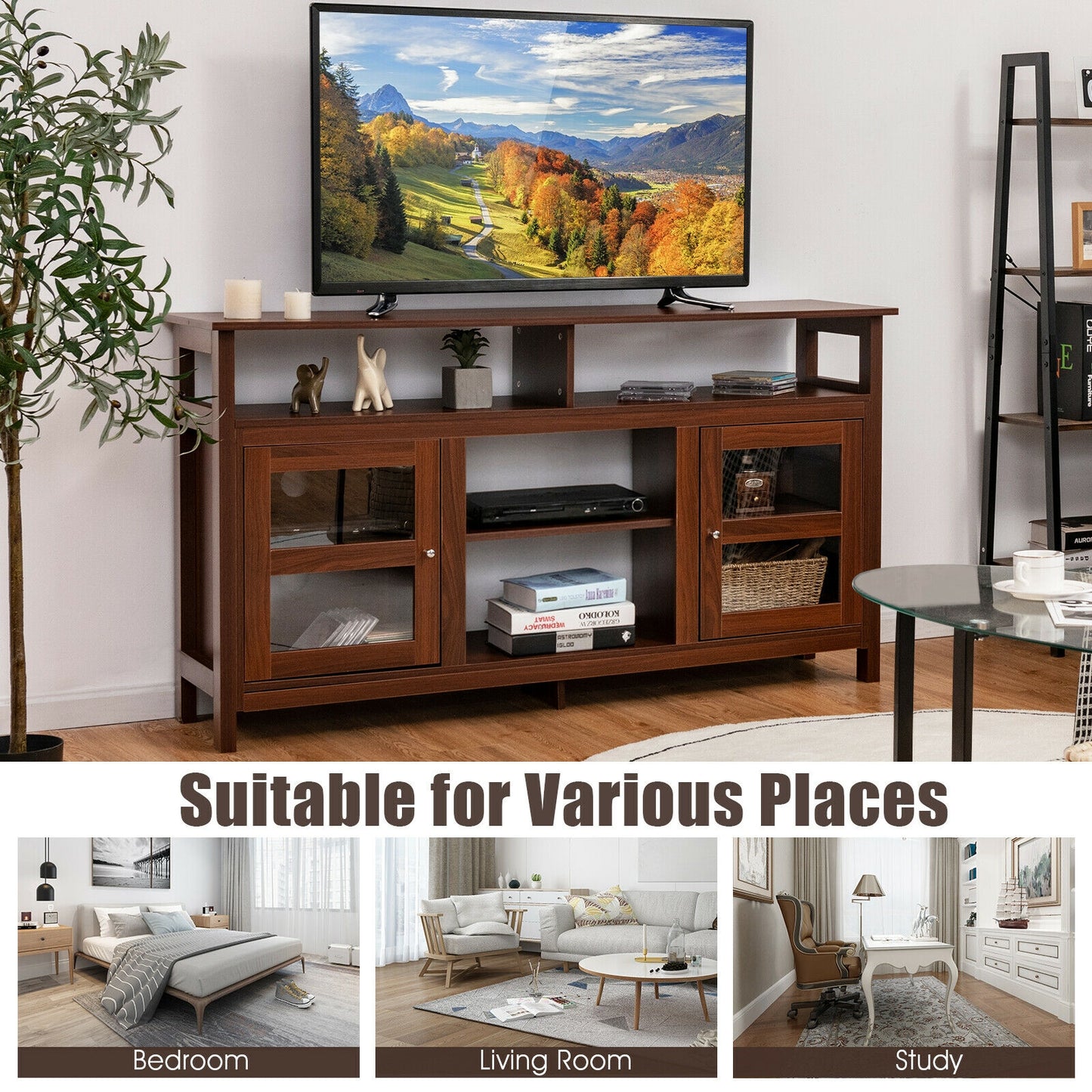 58 Inch TV Stand with Cabinets and Open Shelves for TVs up to 65 Inches, Walnut Wood Finish
