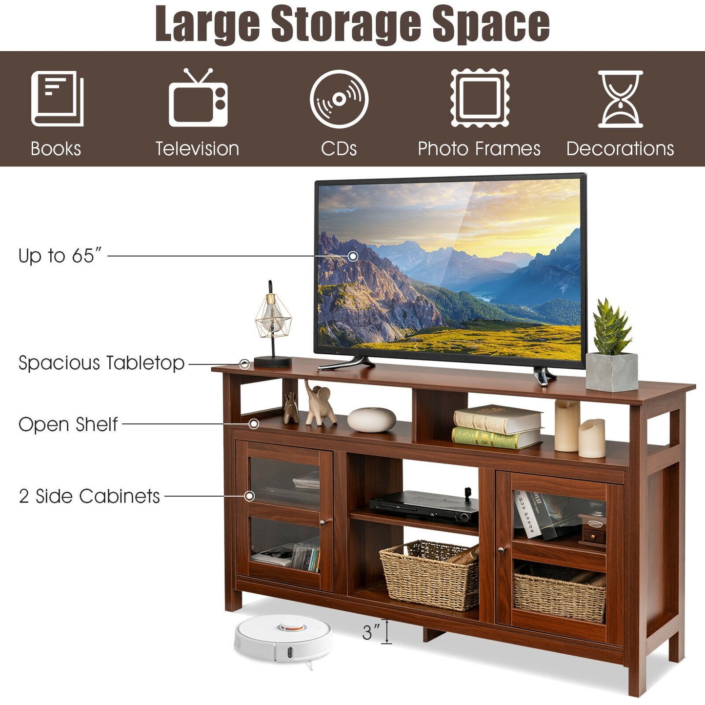 58 Inch TV Stand with Cabinets and Open Shelves for TVs up to 65 Inches, Walnut Wood Finish