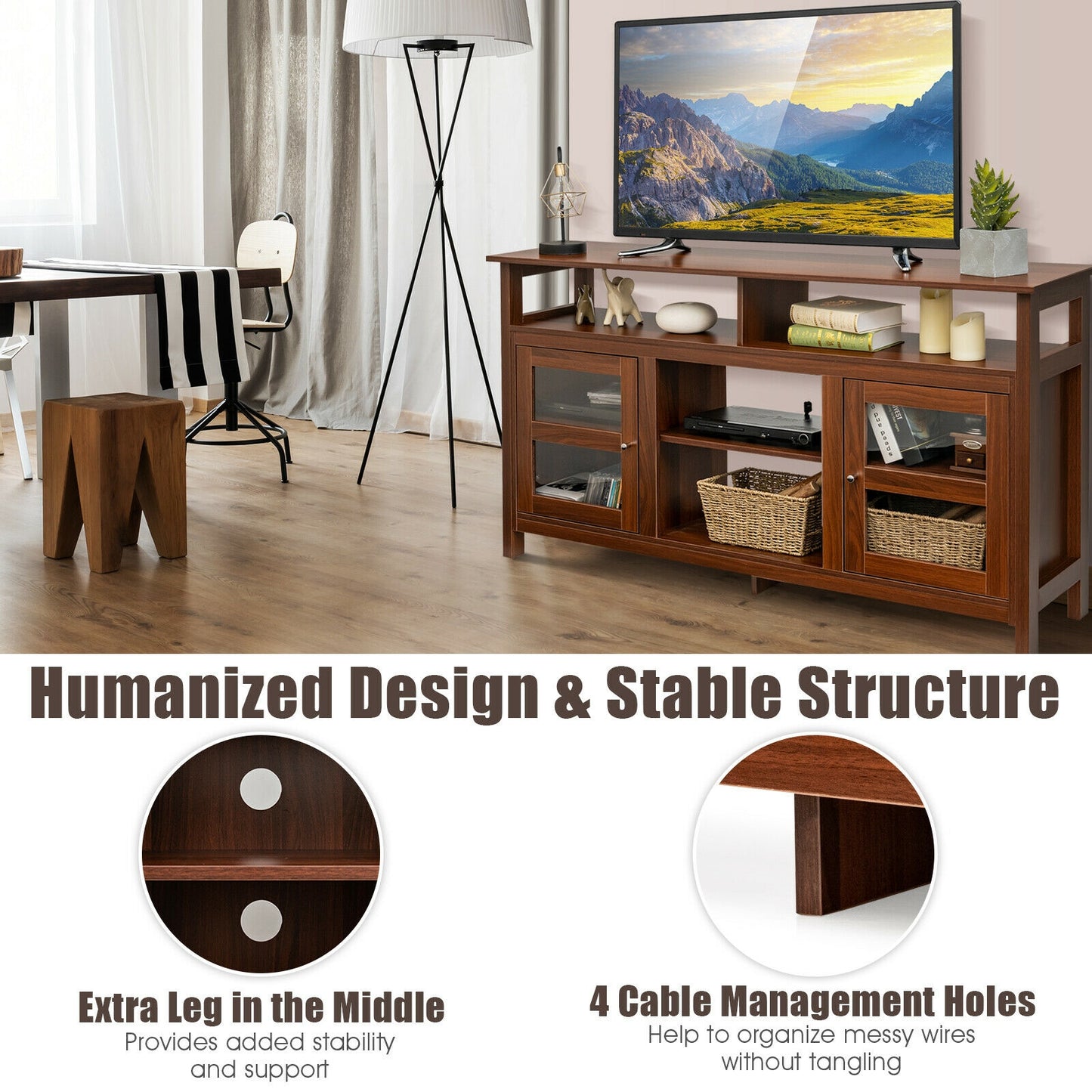 58 Inch TV Stand with Cabinets and Open Shelves for TVs up to 65 Inches, Walnut Wood Finish