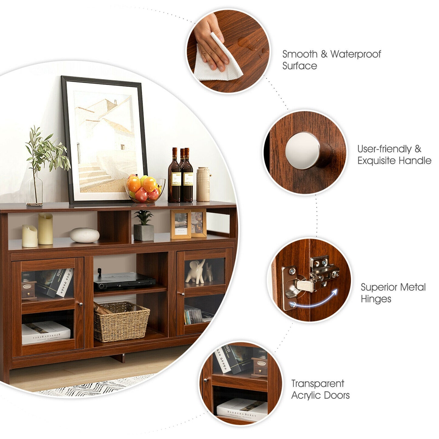 58 Inch TV Stand with Cabinets and Open Shelves for TVs up to 65 Inches, Walnut Wood Finish