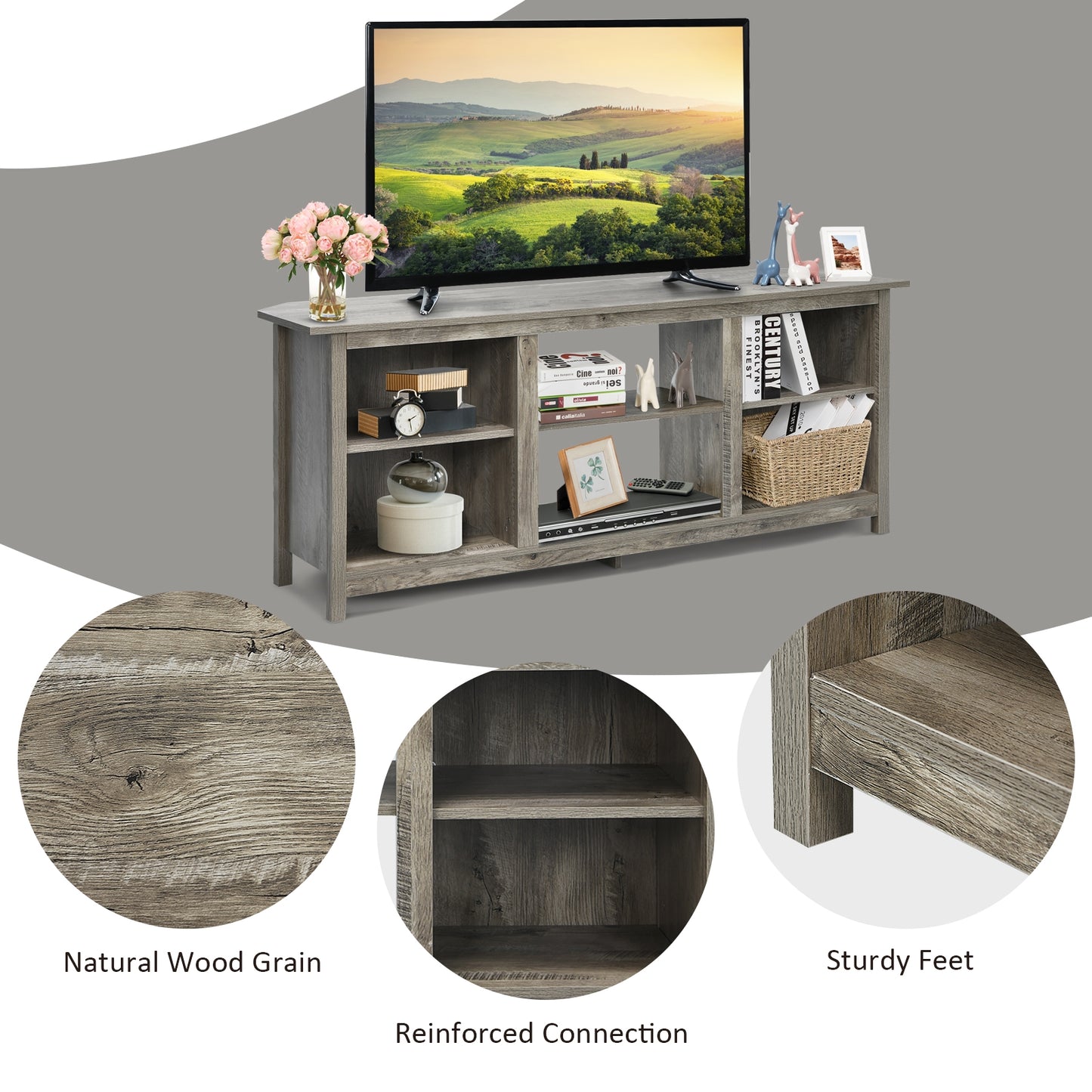 Modern 2-Tier TV Stand and Media Console with Open Shelves for Living Room - Grey