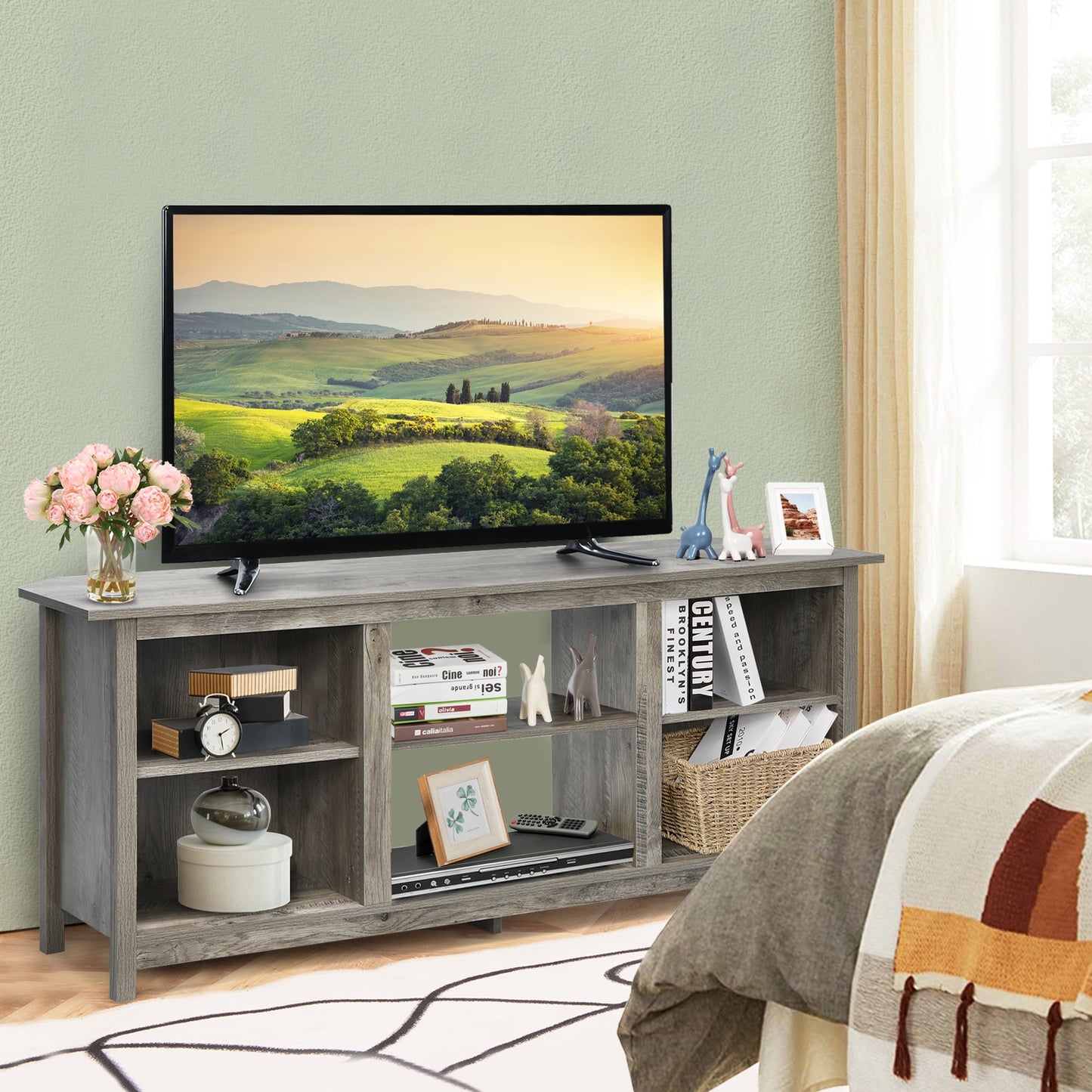Modern 2-Tier TV Stand and Media Console with Open Shelves for Living Room - Grey