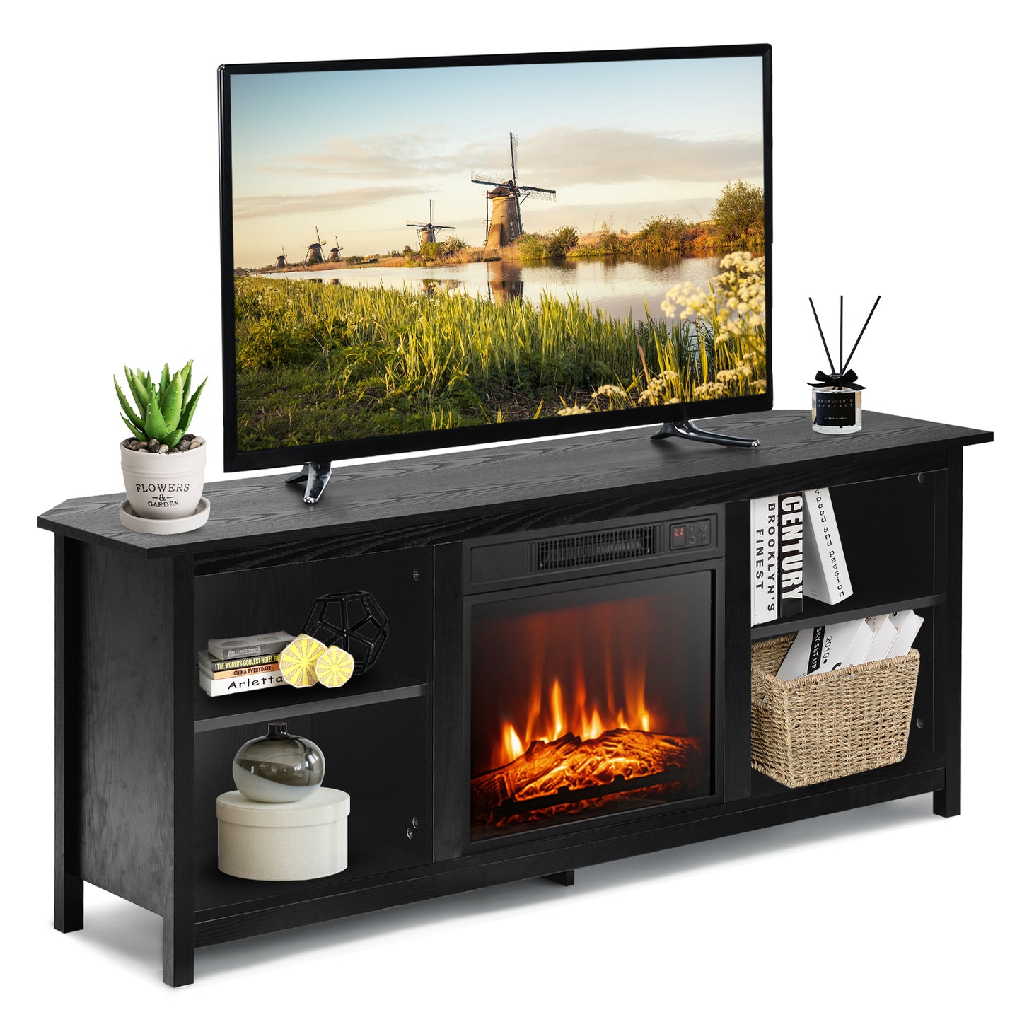 Modern 2-Tier TV Stand and Media Console with Open Shelves for Living Room - Black