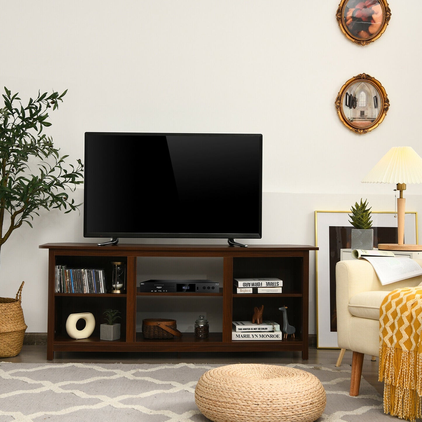 Modern 2-Tier TV Stand and Media Console with Open Shelves for Living Room - Brown