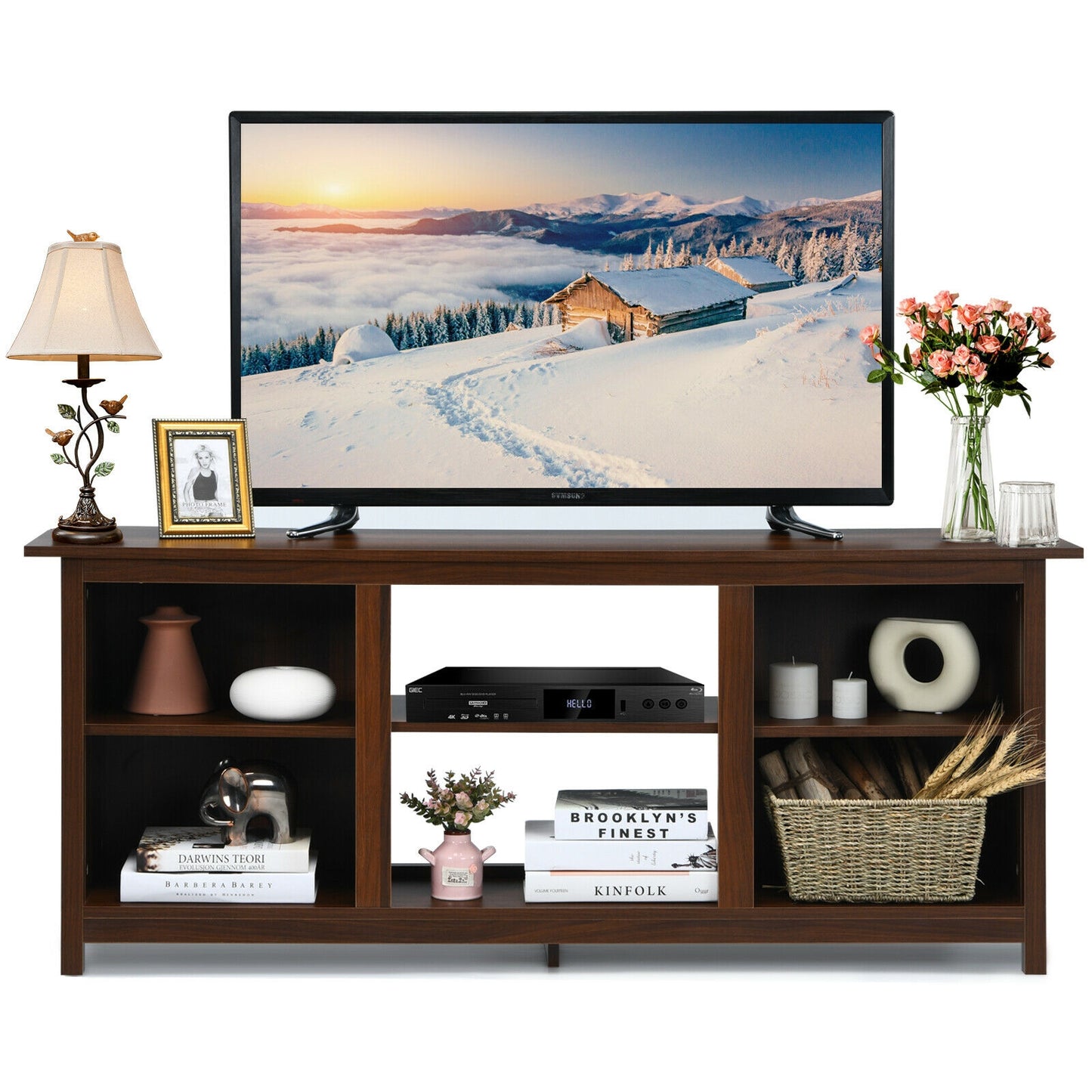 Modern 2-Tier TV Stand and Media Console with Open Shelves for Living Room - Brown