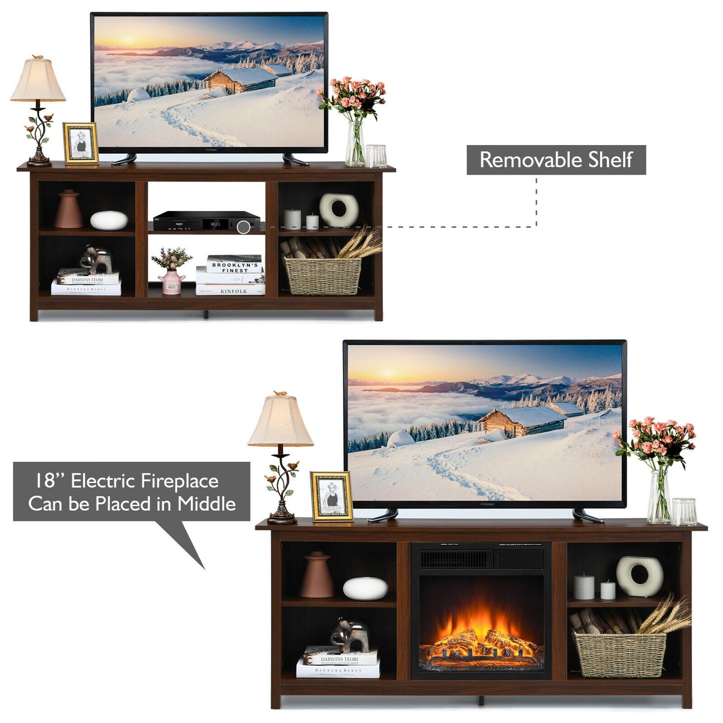Modern 2-Tier TV Stand and Media Console with Open Shelves for Living Room - Brown