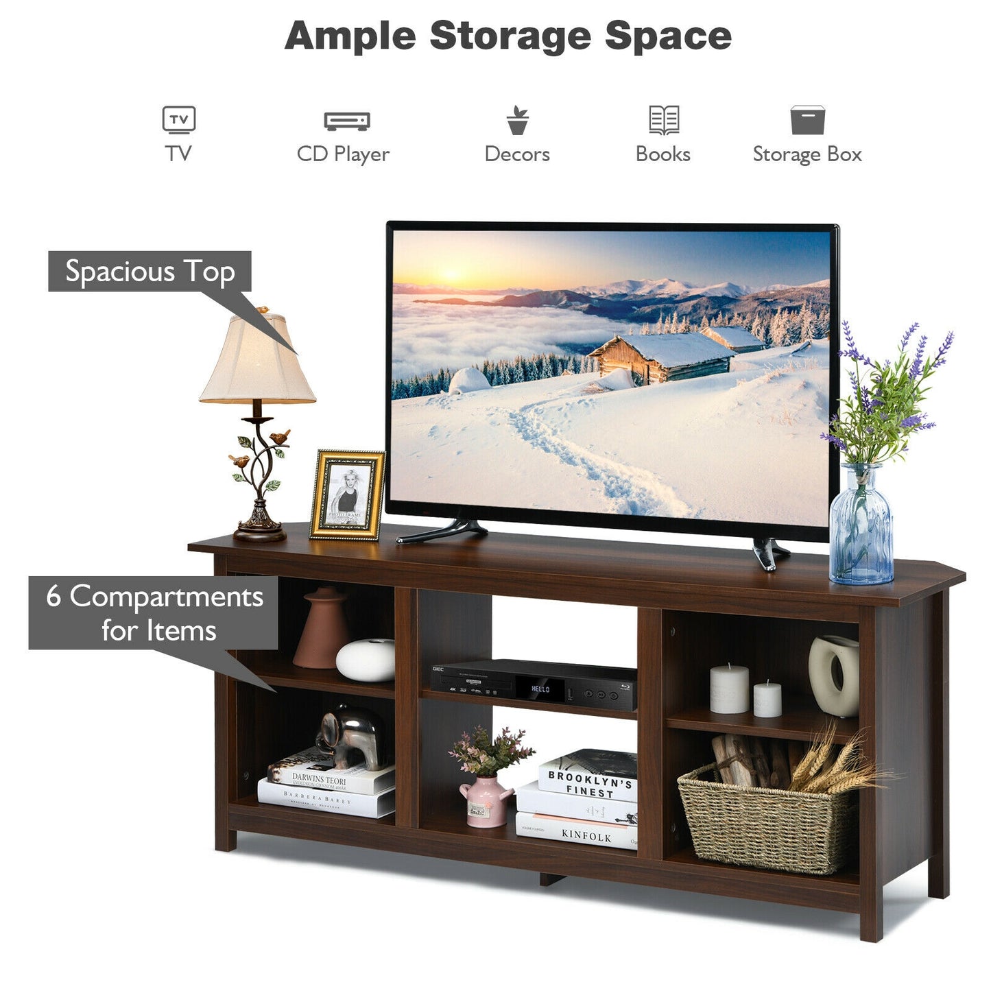 Modern 2-Tier TV Stand and Media Console with Open Shelves for Living Room - Brown