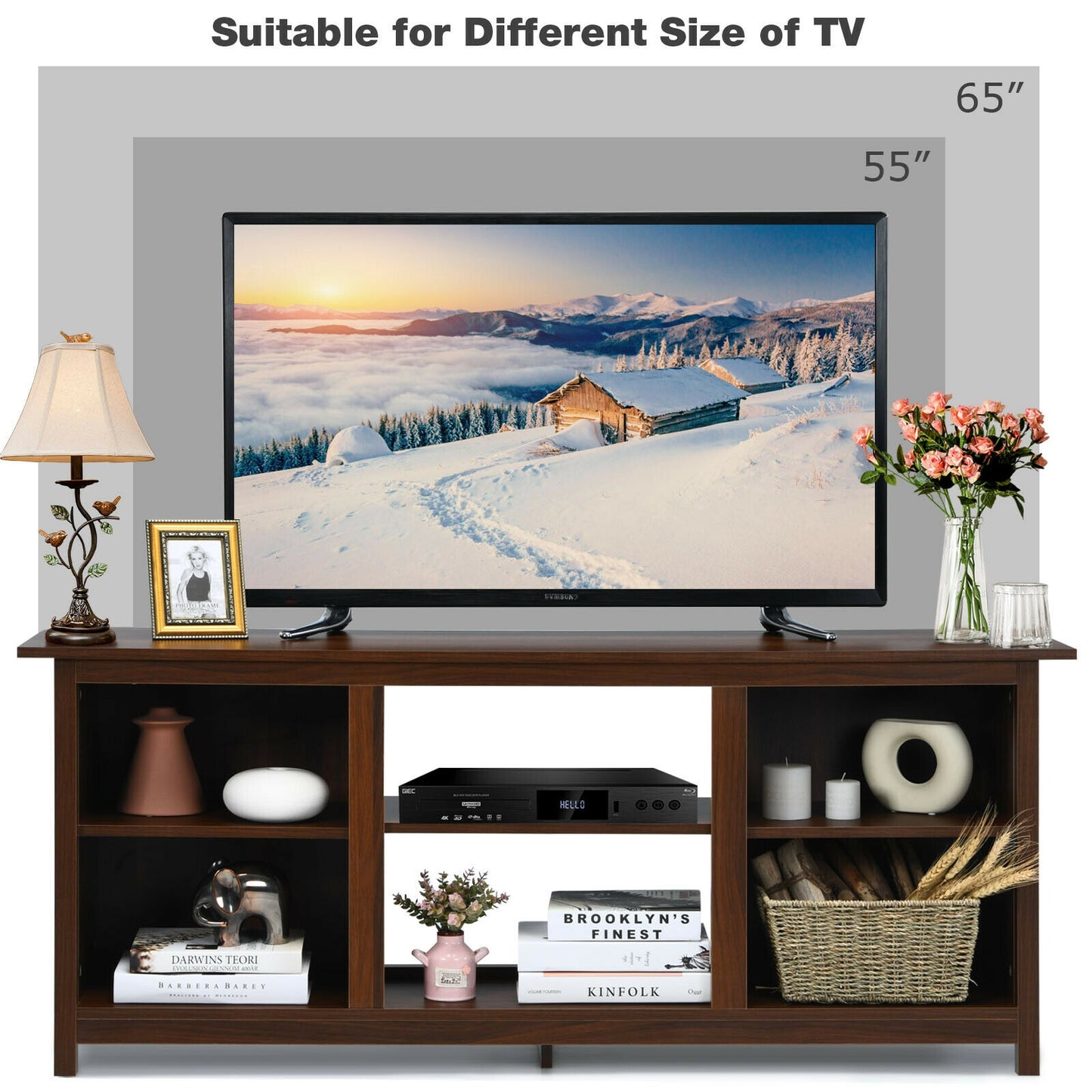 Modern 2-Tier TV Stand and Media Console with Open Shelves for Living Room - Brown