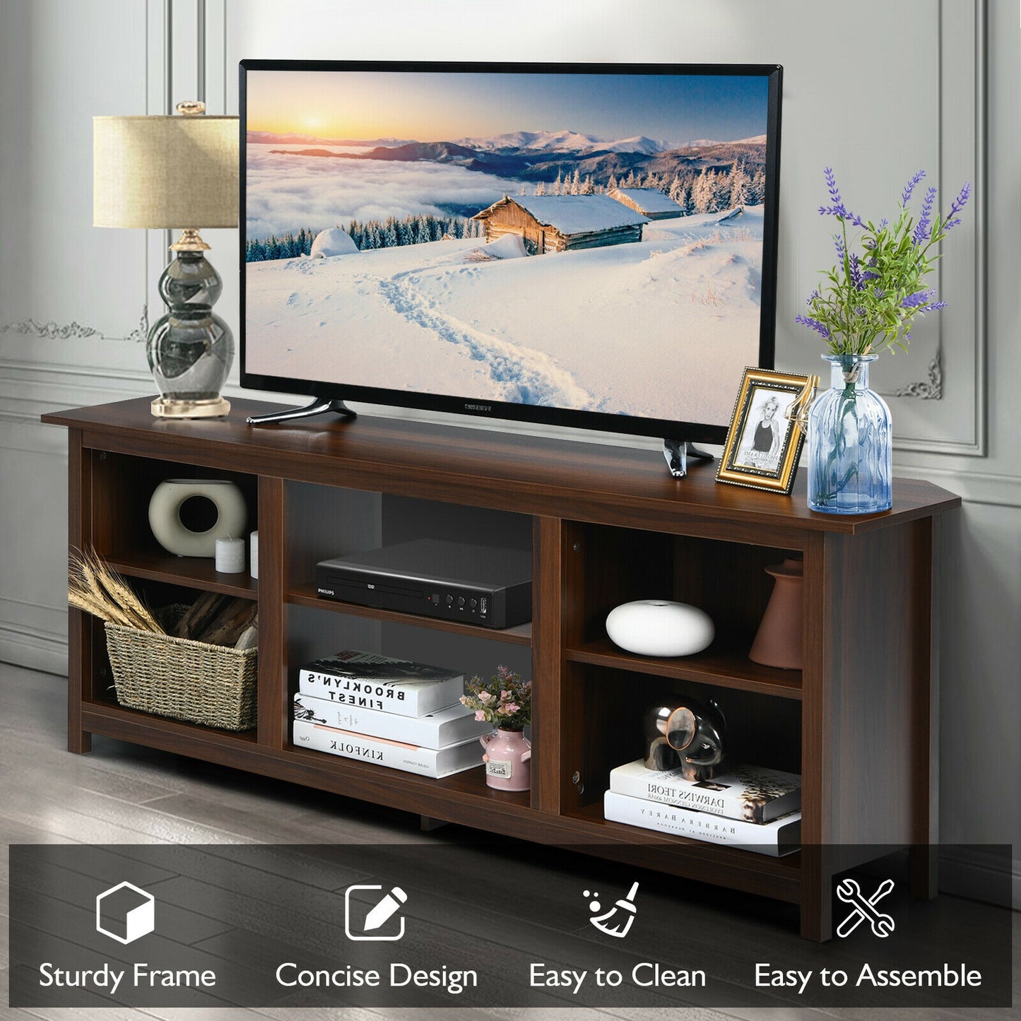 Modern 2-Tier TV Stand and Media Console with Open Shelves for Living Room - Brown