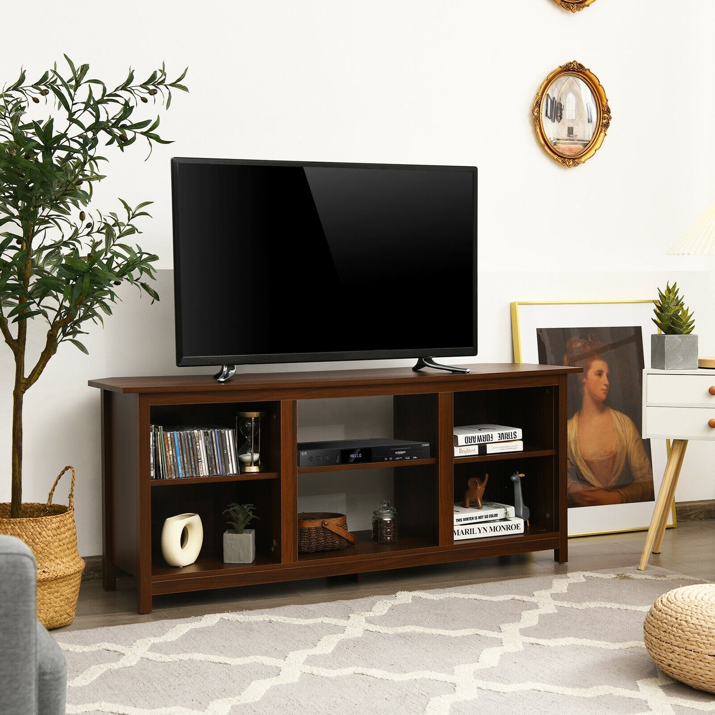 Modern 2-Tier TV Stand and Media Console with Open Shelves for Living Room - Brown