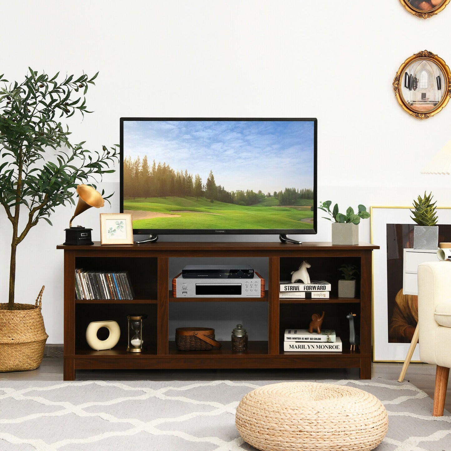 2 Tier TV Stand and Media Console for TVs up to 65 Inches with Open Storage Shelves in Walnut