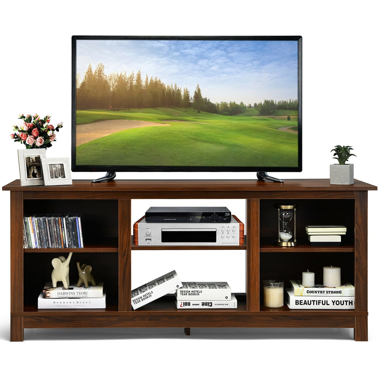 2 Tier TV Stand and Media Console for TVs up to 65 Inches with Open Storage Shelves in Walnut