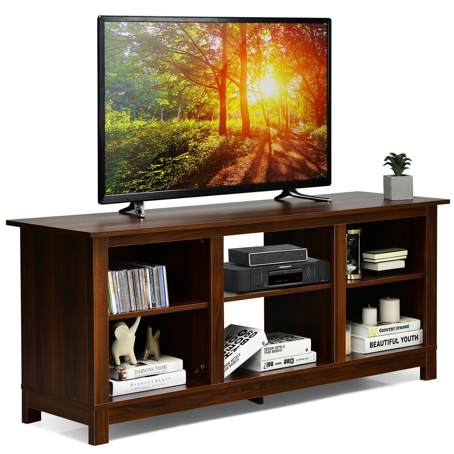 2 Tier TV Stand and Media Console for TVs up to 65 Inches with Open Storage Shelves in Walnut