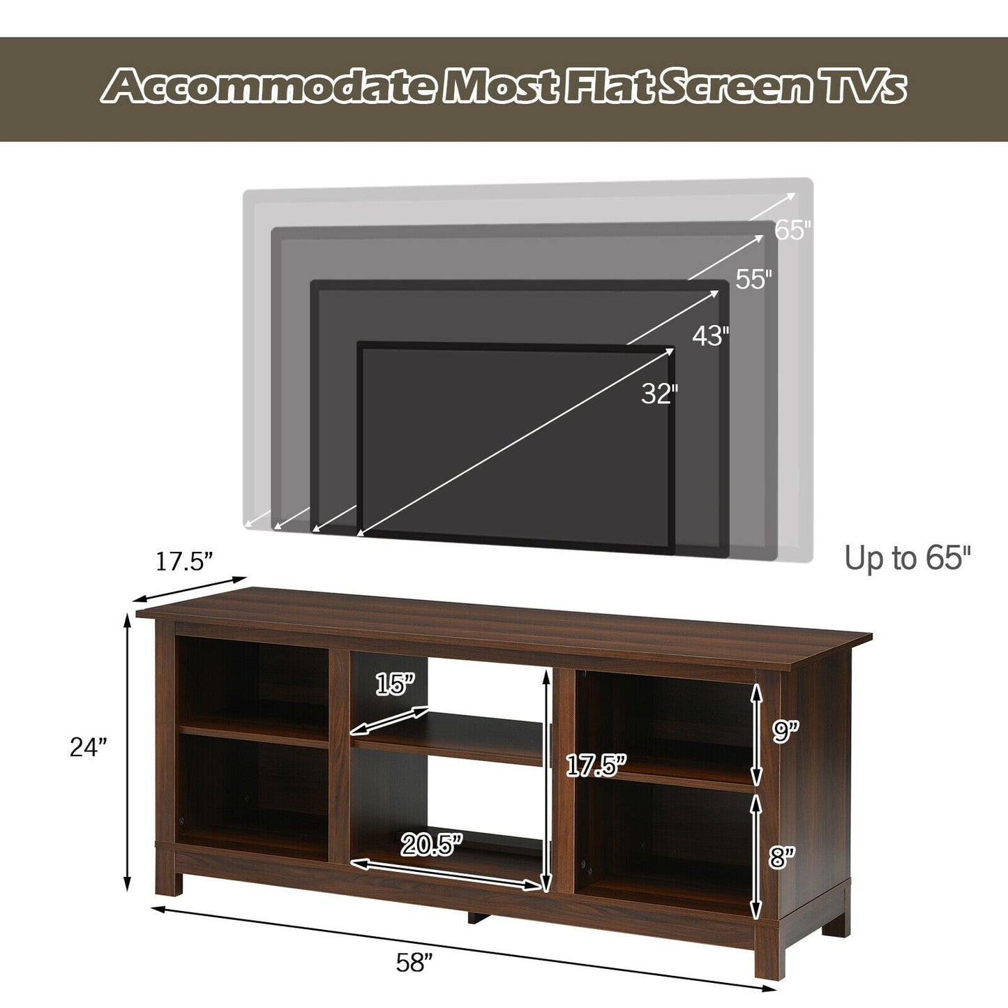 2 Tier TV Stand and Media Console for TVs up to 65 Inches with Open Storage Shelves in Walnut