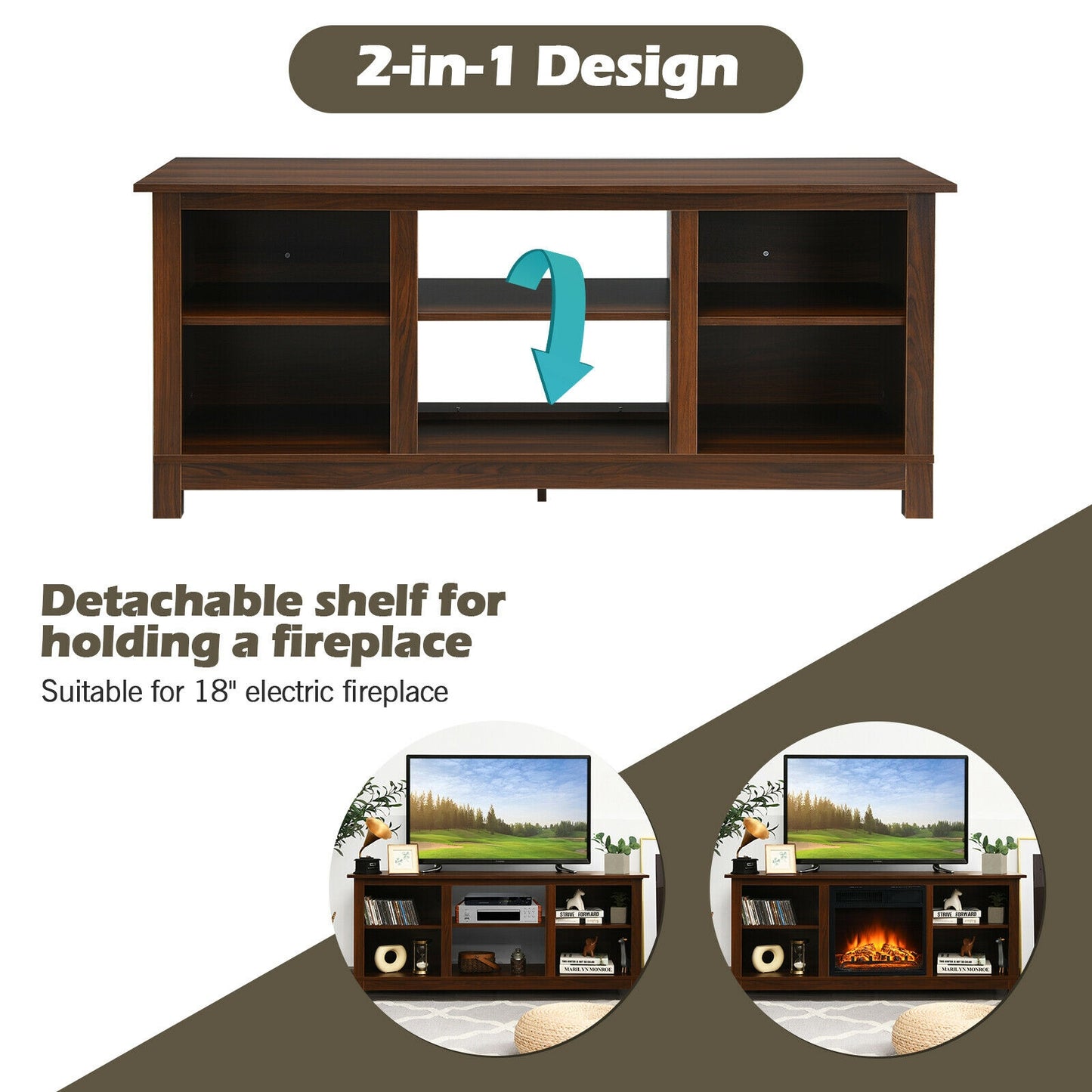 2 Tier TV Stand and Media Console for TVs up to 65 Inches with Open Storage Shelves in Walnut