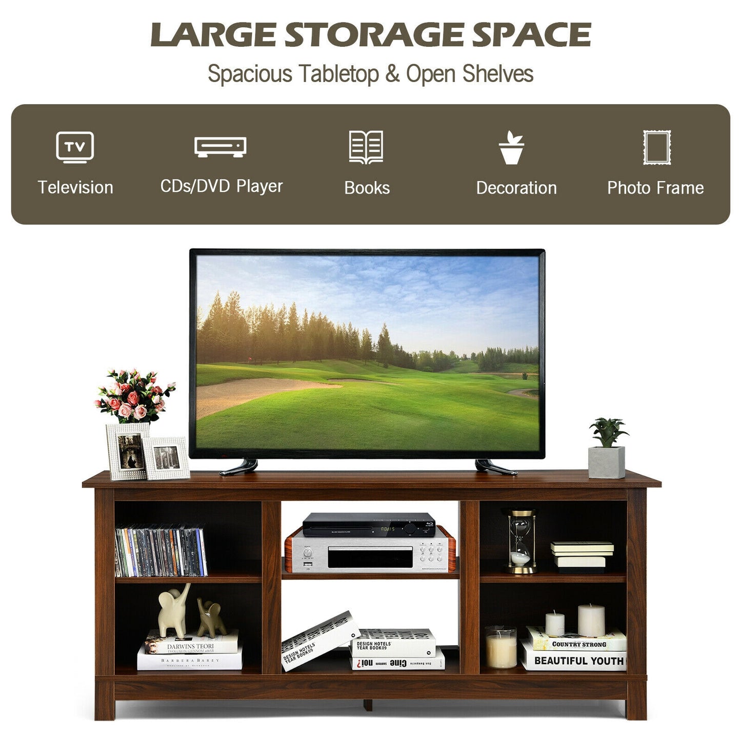2 Tier TV Stand and Media Console for TVs up to 65 Inches with Open Storage Shelves in Walnut