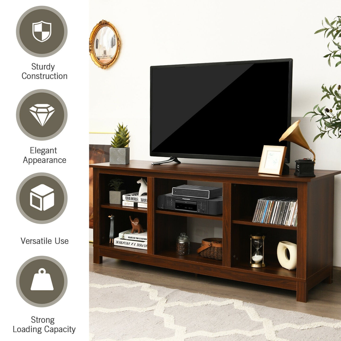 2 Tier TV Stand and Media Console for TVs up to 65 Inches with Open Storage Shelves in Walnut