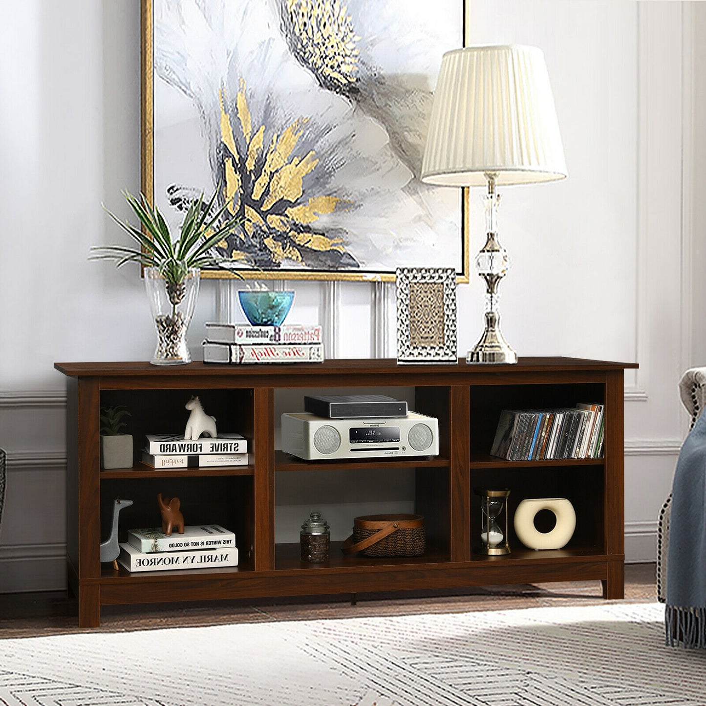 2 Tier TV Stand and Media Console for TVs up to 65 Inches with Open Storage Shelves in Walnut