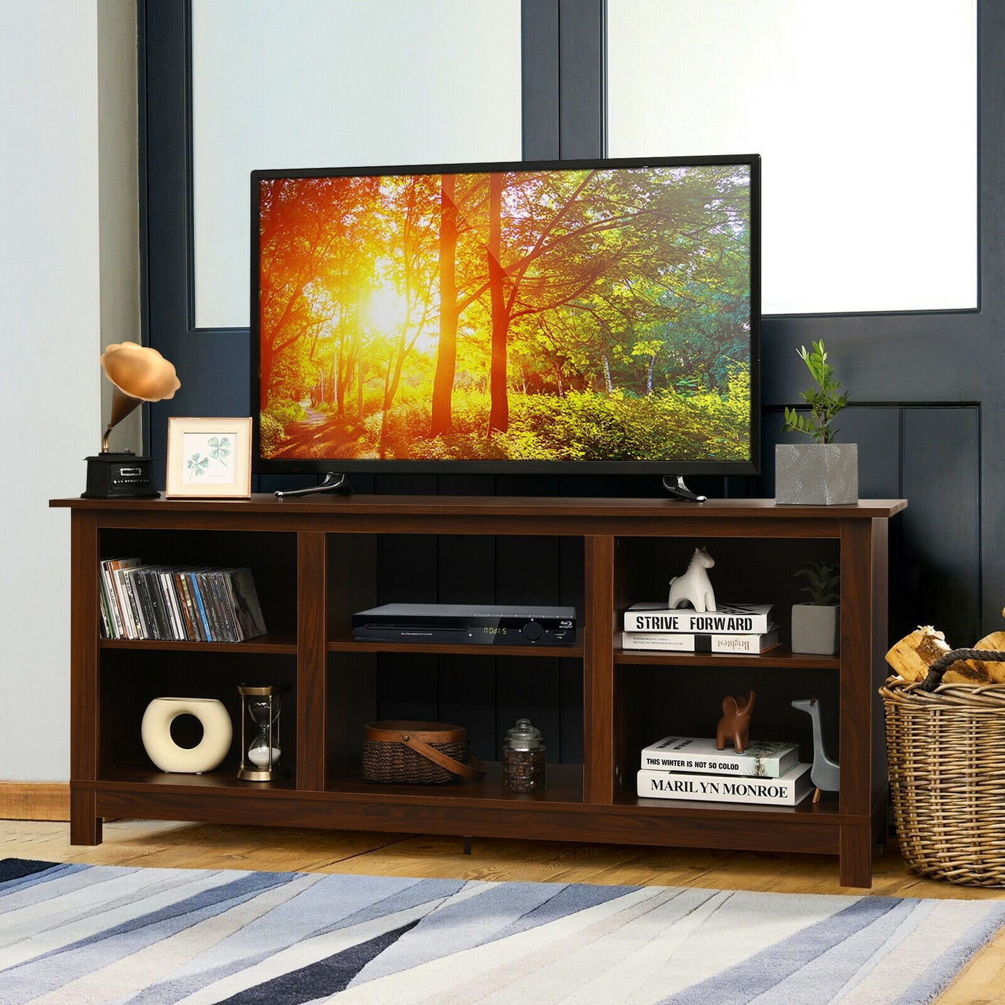 2 Tier TV Stand and Media Console for TVs up to 65 Inches with Open Storage Shelves in Walnut