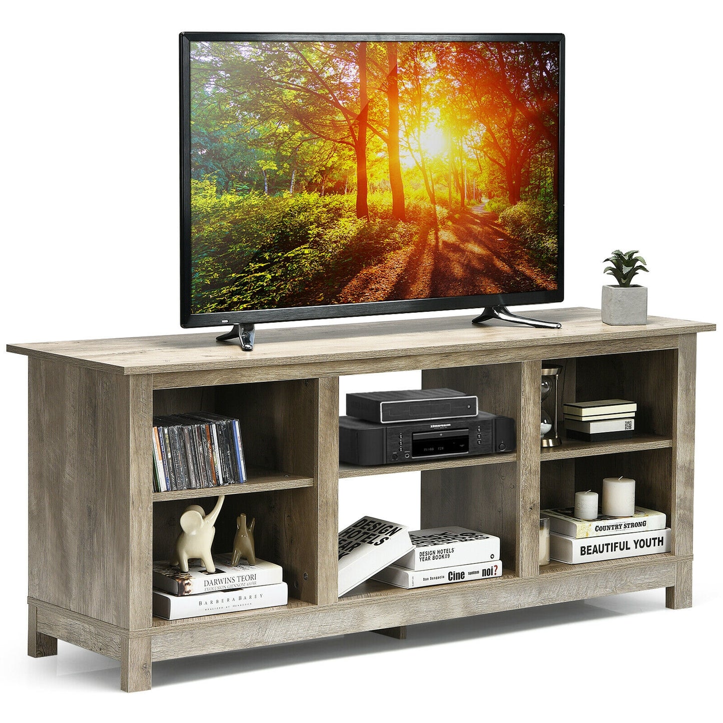 2 Tier TV Stand and Media Console for TVs up to 65 Inches with Open Storage Shelves in Grey