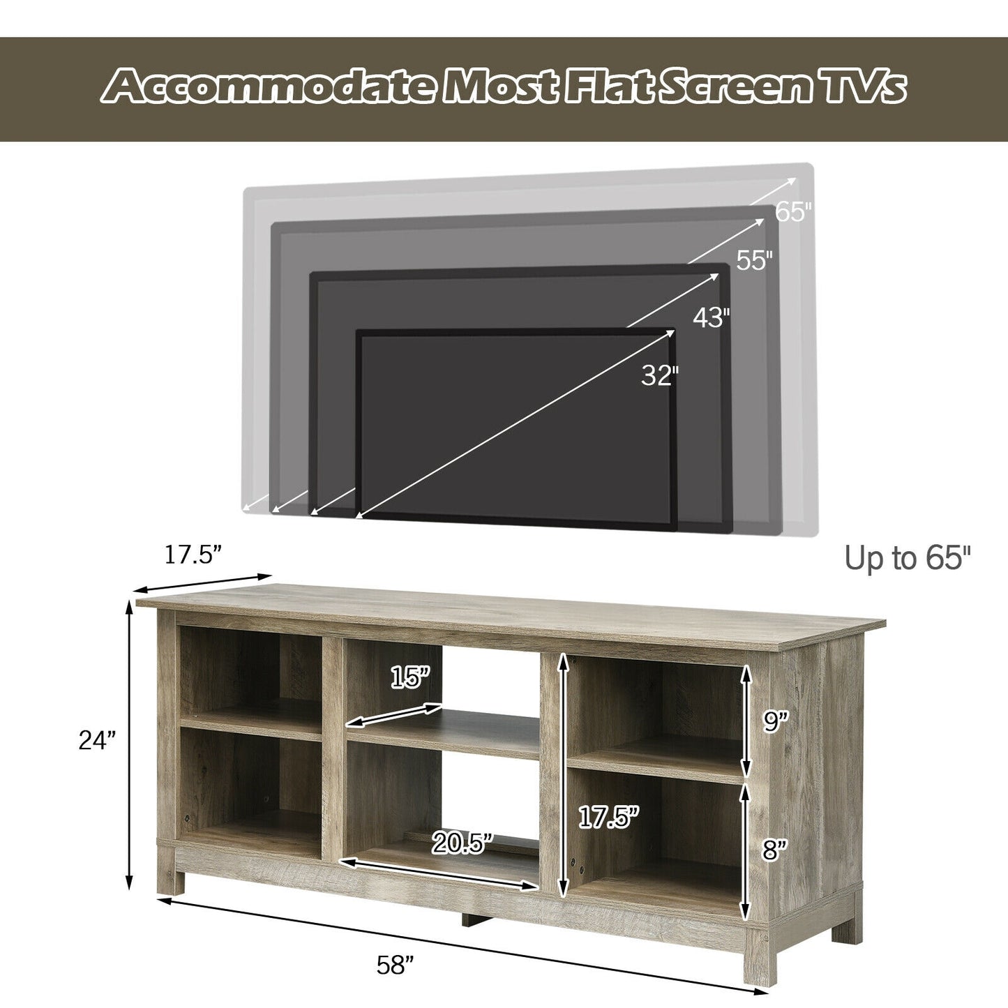 2 Tier TV Stand and Media Console for TVs up to 65 Inches with Open Storage Shelves in Grey