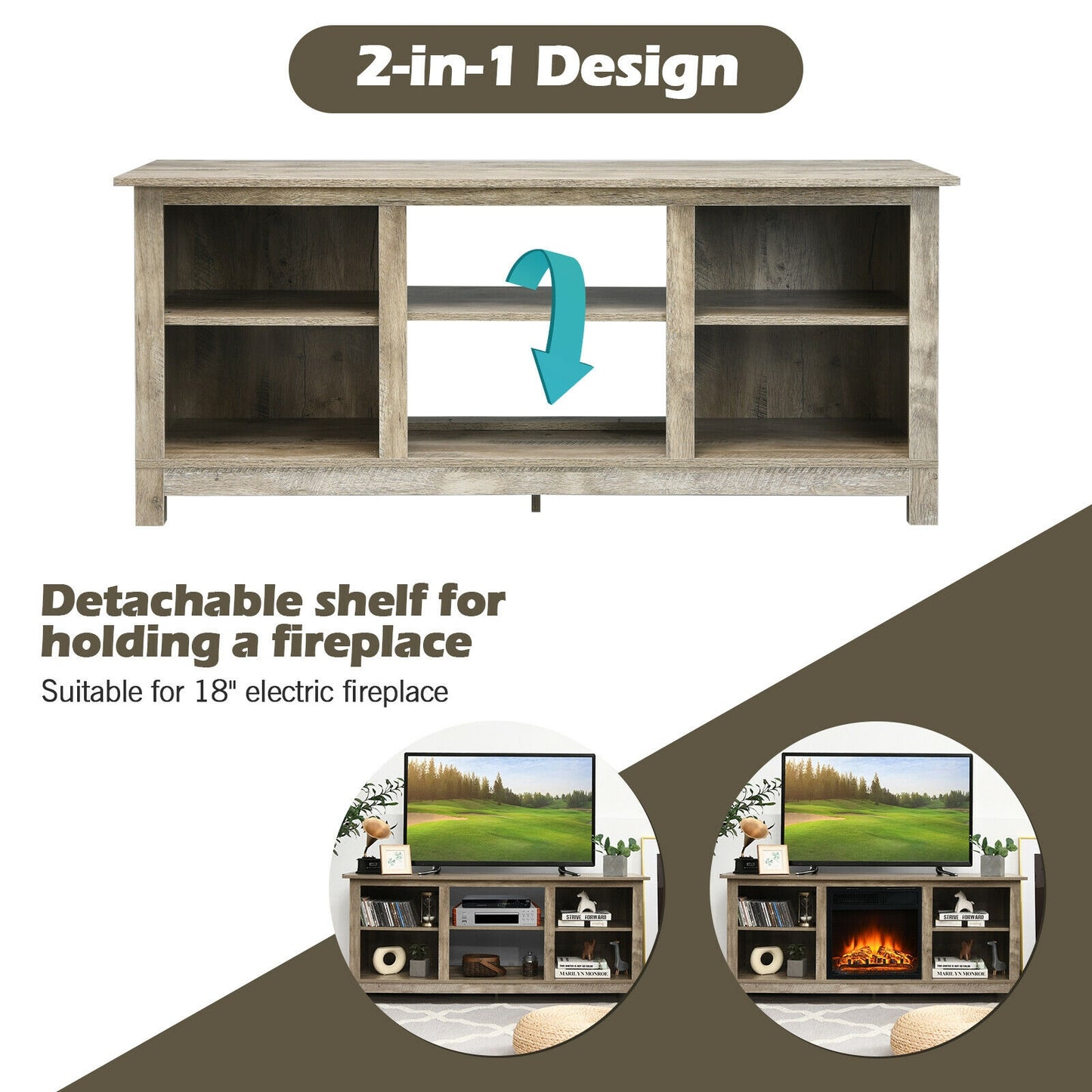 2 Tier TV Stand and Media Console for TVs up to 65 Inches with Open Storage Shelves in Grey