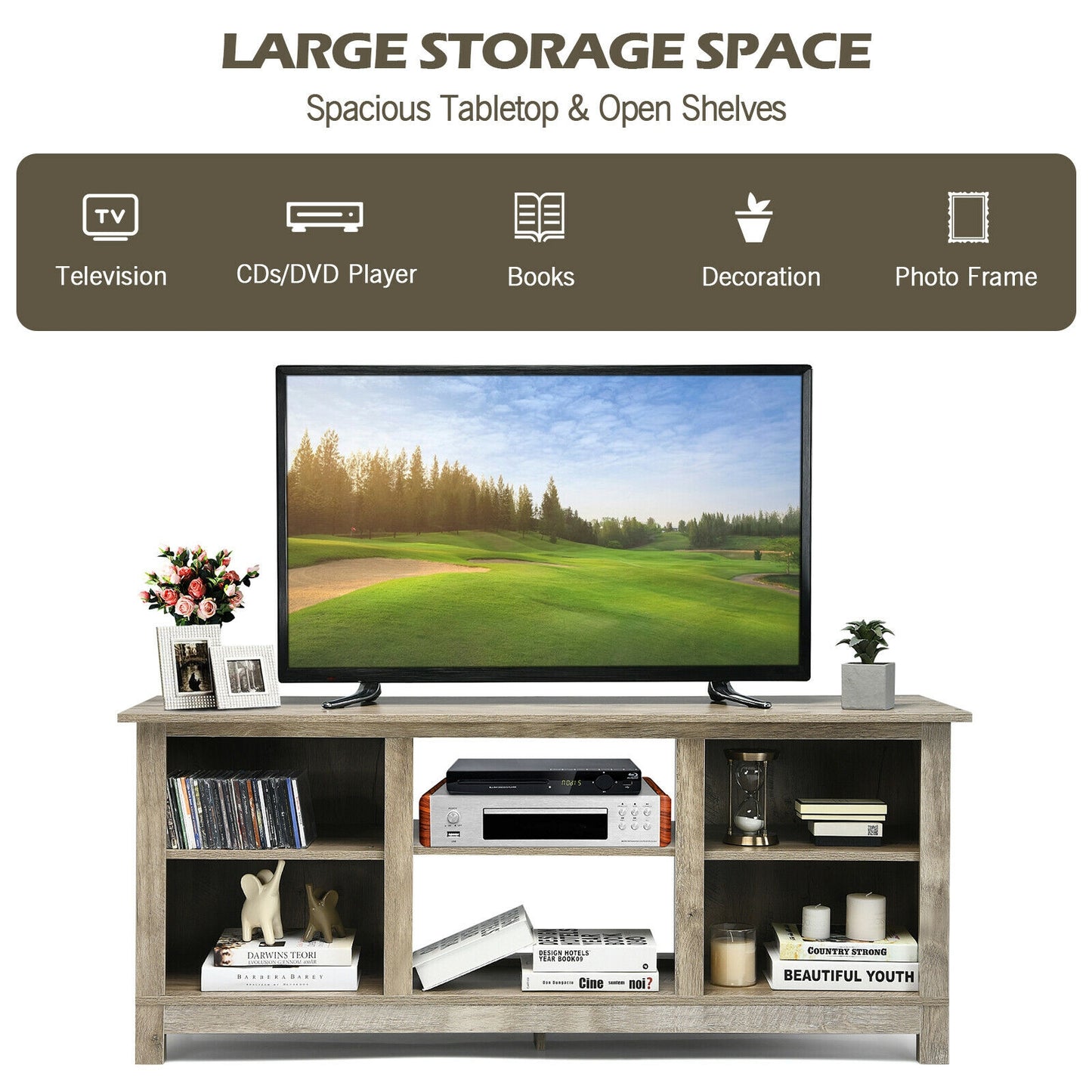 2 Tier TV Stand and Media Console for TVs up to 65 Inches with Open Storage Shelves in Grey