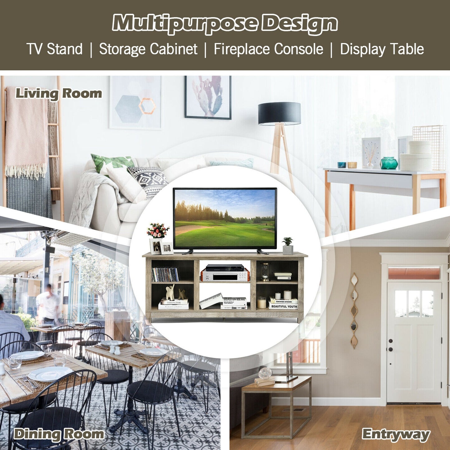 2 Tier TV Stand and Media Console for TVs up to 65 Inches with Open Storage Shelves in Grey