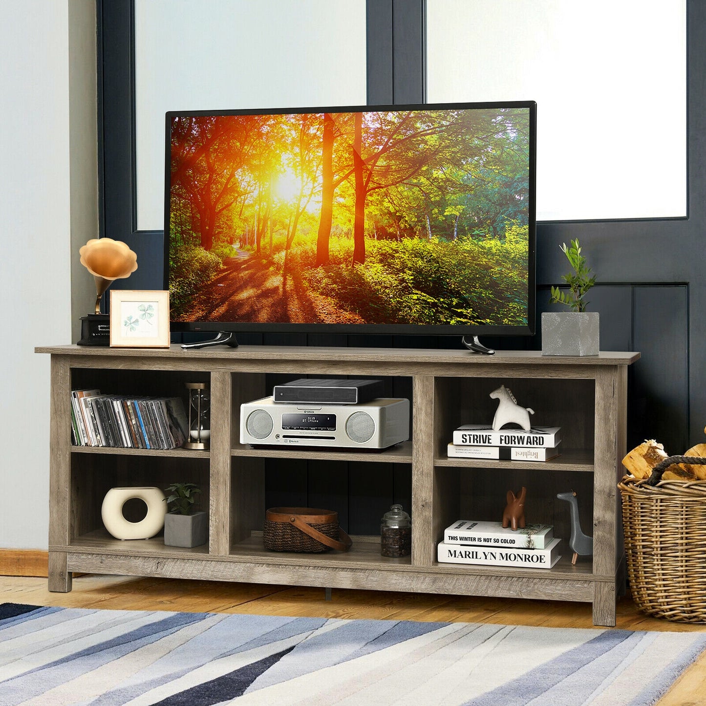 2 Tier TV Stand and Media Console for TVs up to 65 Inches with Open Storage Shelves in Grey