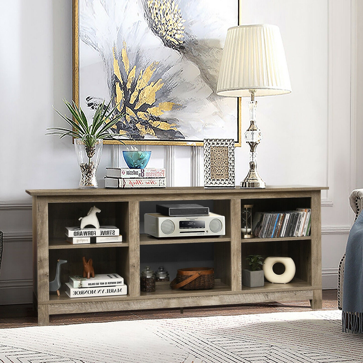 2 Tier TV Stand and Media Console for TVs up to 65 Inches with Open Storage Shelves in Grey