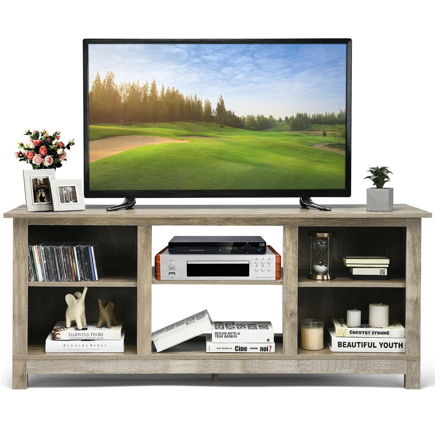 2 Tier TV Stand and Media Console for TVs up to 65 Inches with Open Storage Shelves in Grey