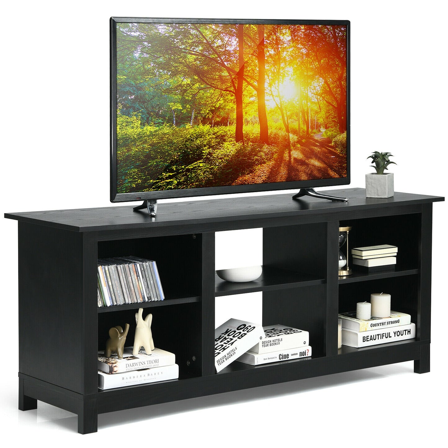 2 Tier TV Stand and Media Console for TVs up to 65 Inches with Open Storage Shelves in Black