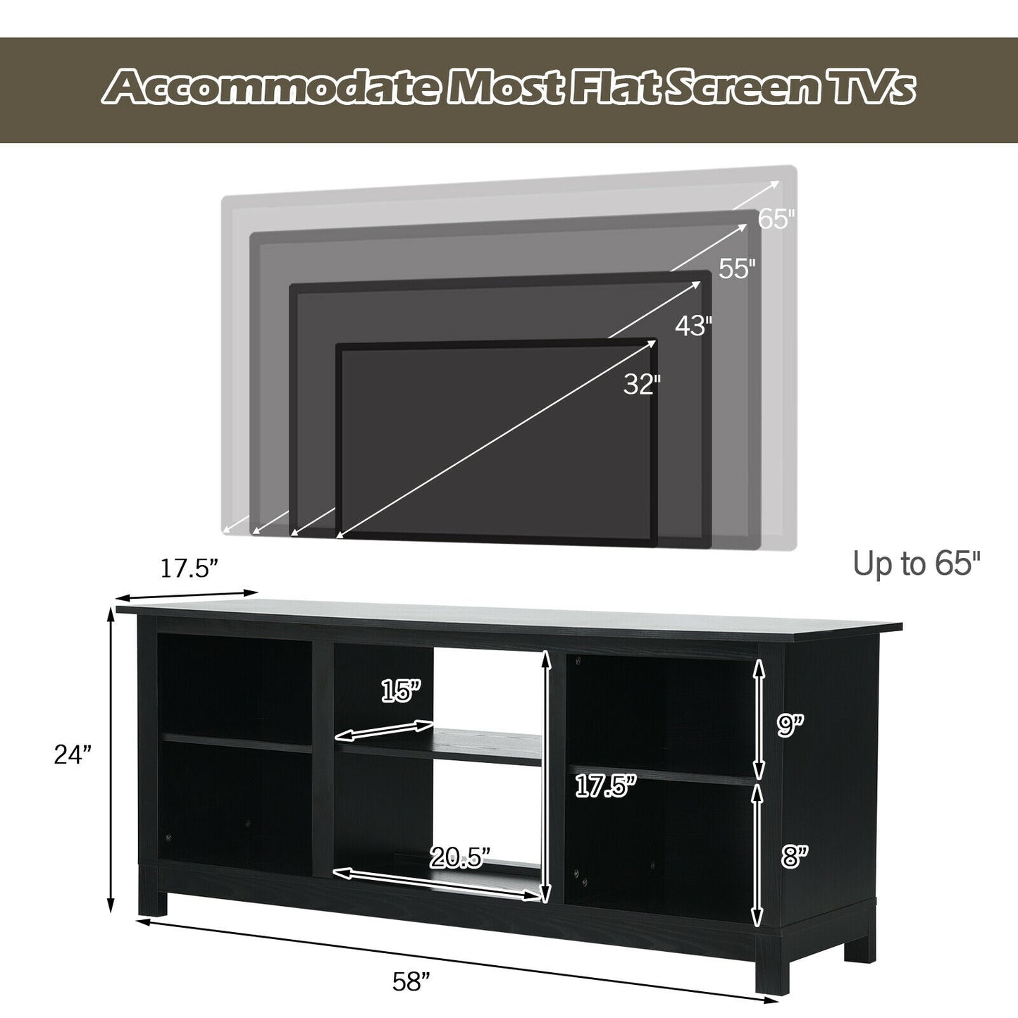2 Tier TV Stand and Media Console for TVs up to 65 Inches with Open Storage Shelves in Black