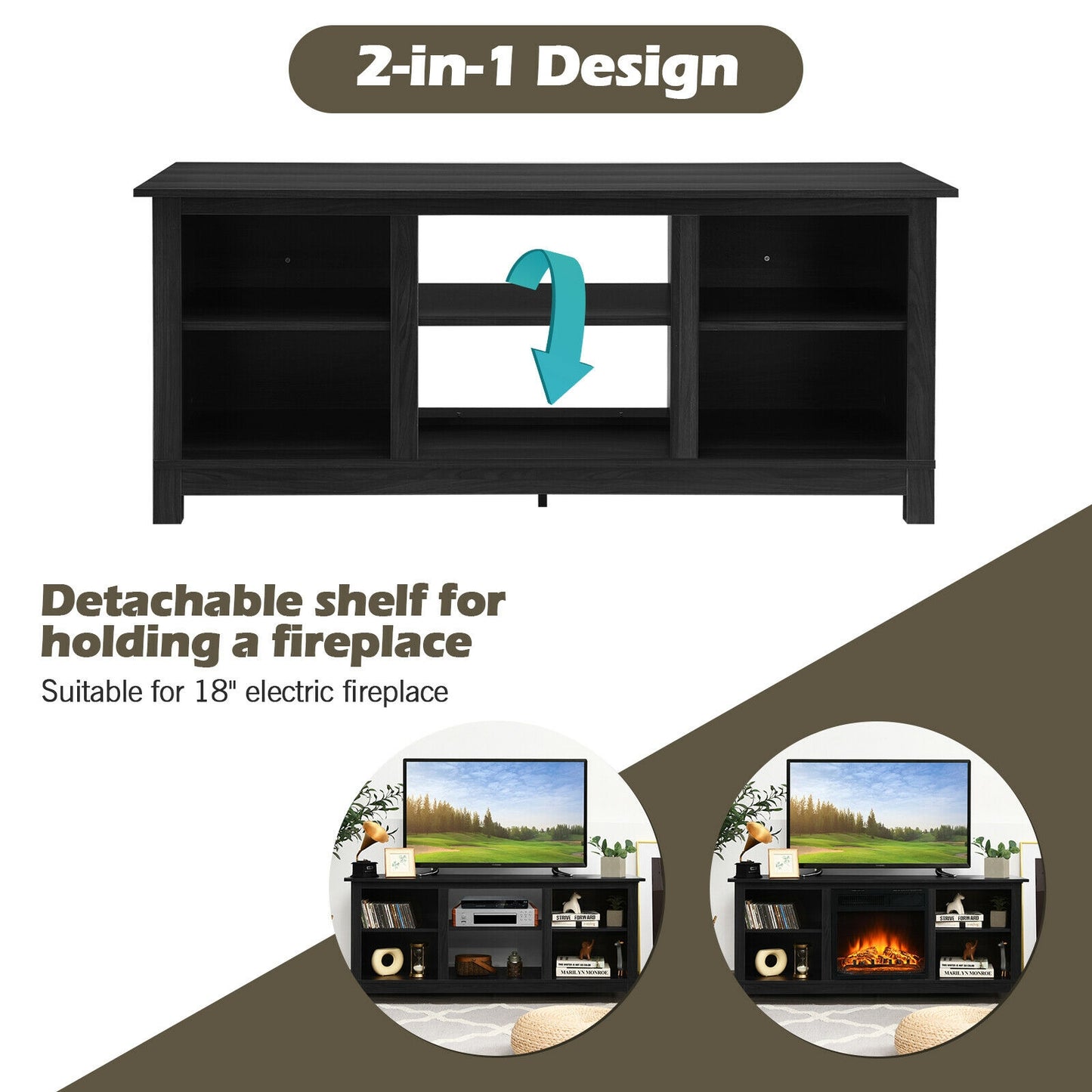 2 Tier TV Stand and Media Console for TVs up to 65 Inches with Open Storage Shelves in Black