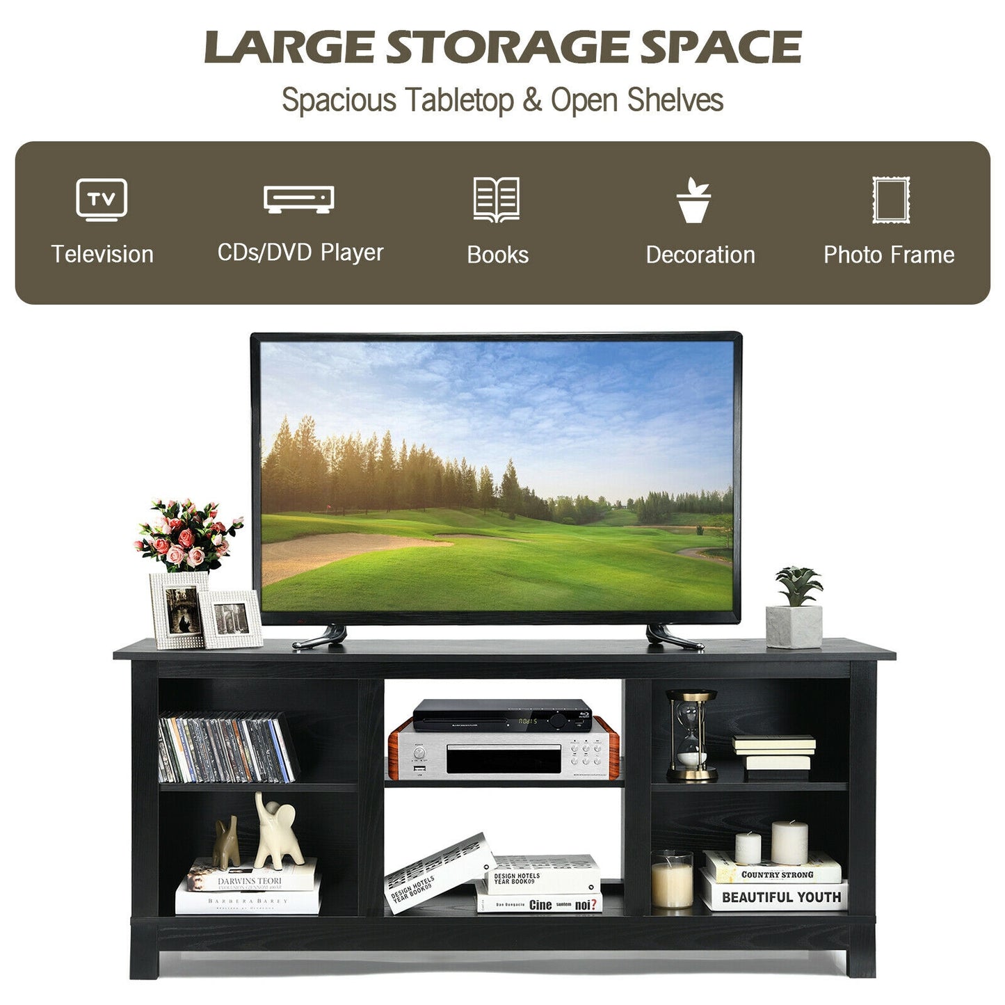 2 Tier TV Stand and Media Console for TVs up to 65 Inches with Open Storage Shelves in Black