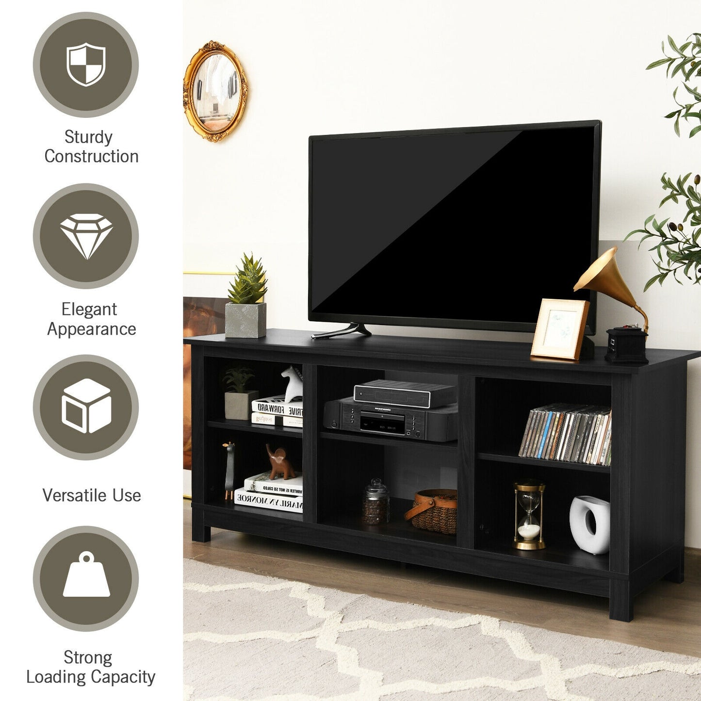 2 Tier TV Stand and Media Console for TVs up to 65 Inches with Open Storage Shelves in Black