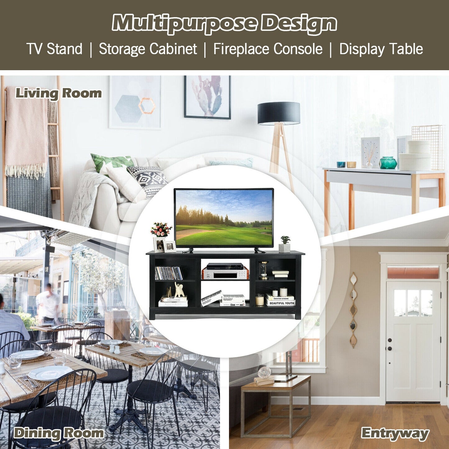 2 Tier TV Stand and Media Console for TVs up to 65 Inches with Open Storage Shelves in Black
