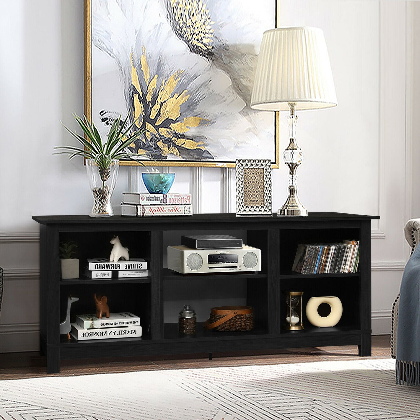 2 Tier TV Stand and Media Console for TVs up to 65 Inches with Open Storage Shelves in Black
