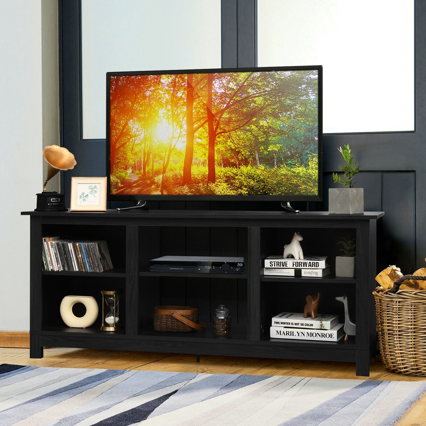2 Tier TV Stand and Media Console for TVs up to 65 Inches with Open Storage Shelves in Black