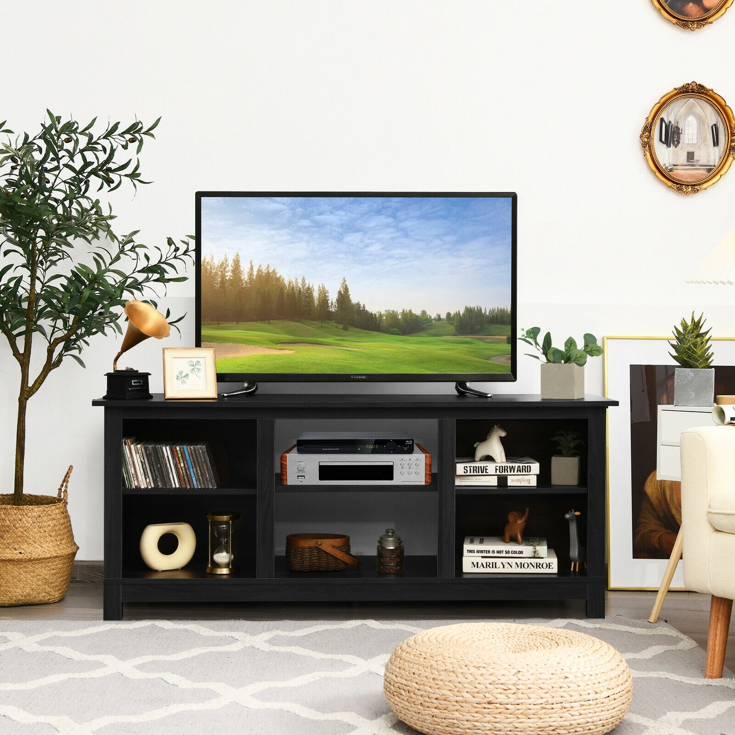 2 Tier TV Stand and Media Console for TVs up to 65 Inches with Open Storage Shelves in Black