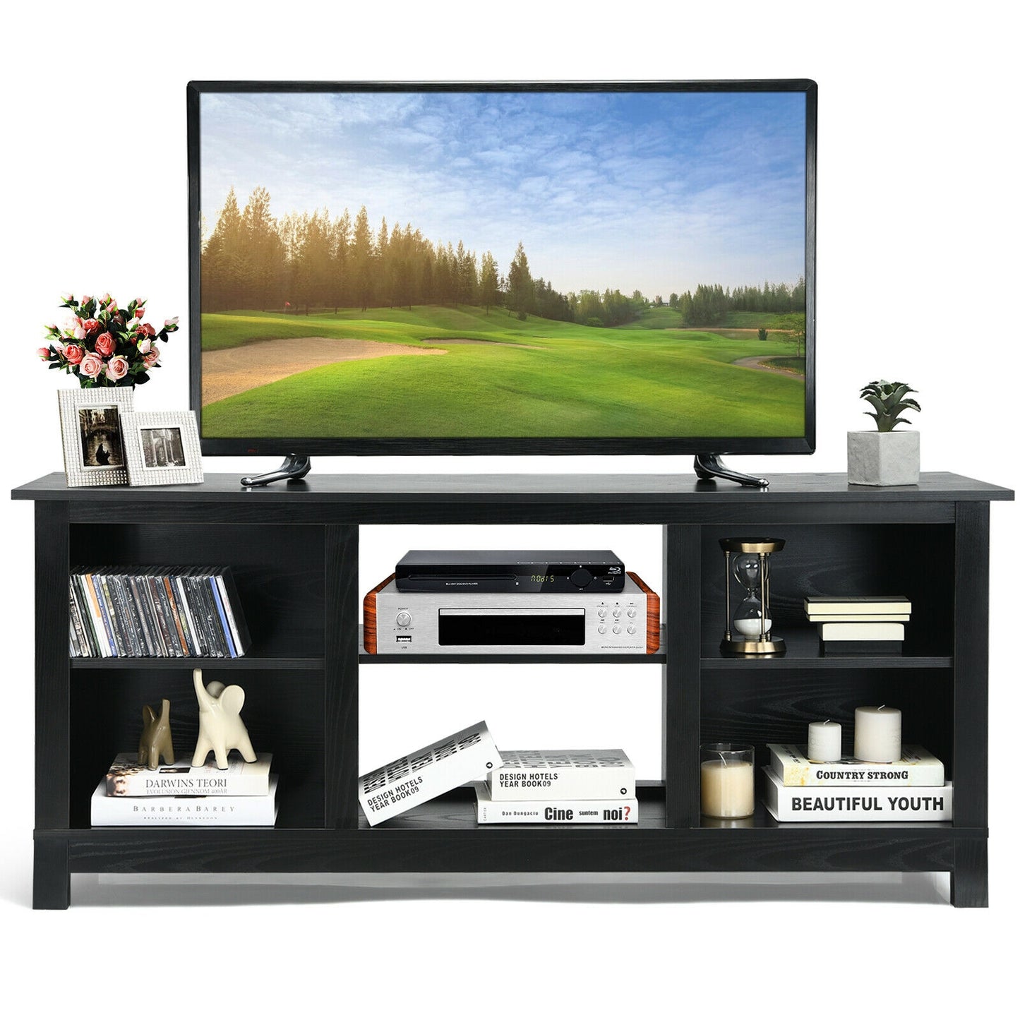 2 Tier TV Stand and Media Console for TVs up to 65 Inches with Open Storage Shelves in Black