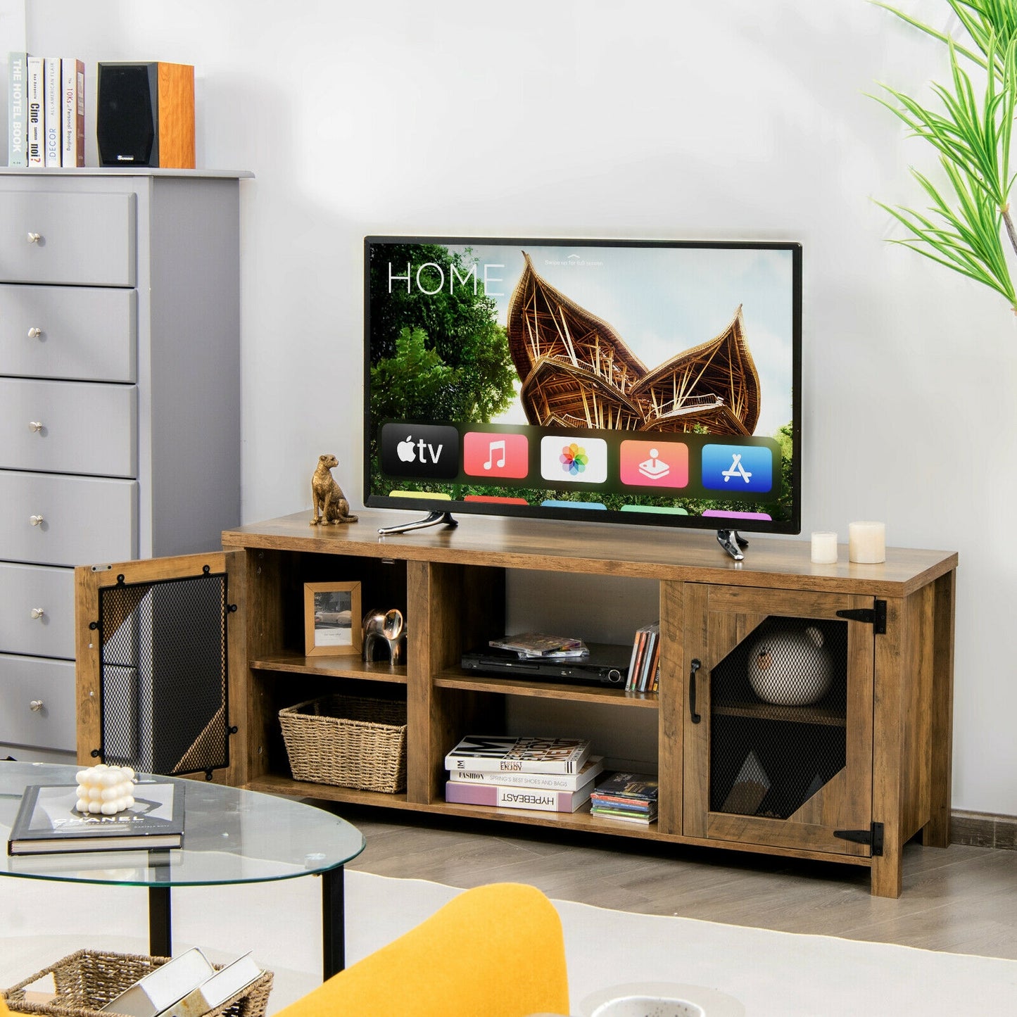Industrial TV Console with Mesh Door Cabinets and Adjustable Storage for TVs up to 65 Inches