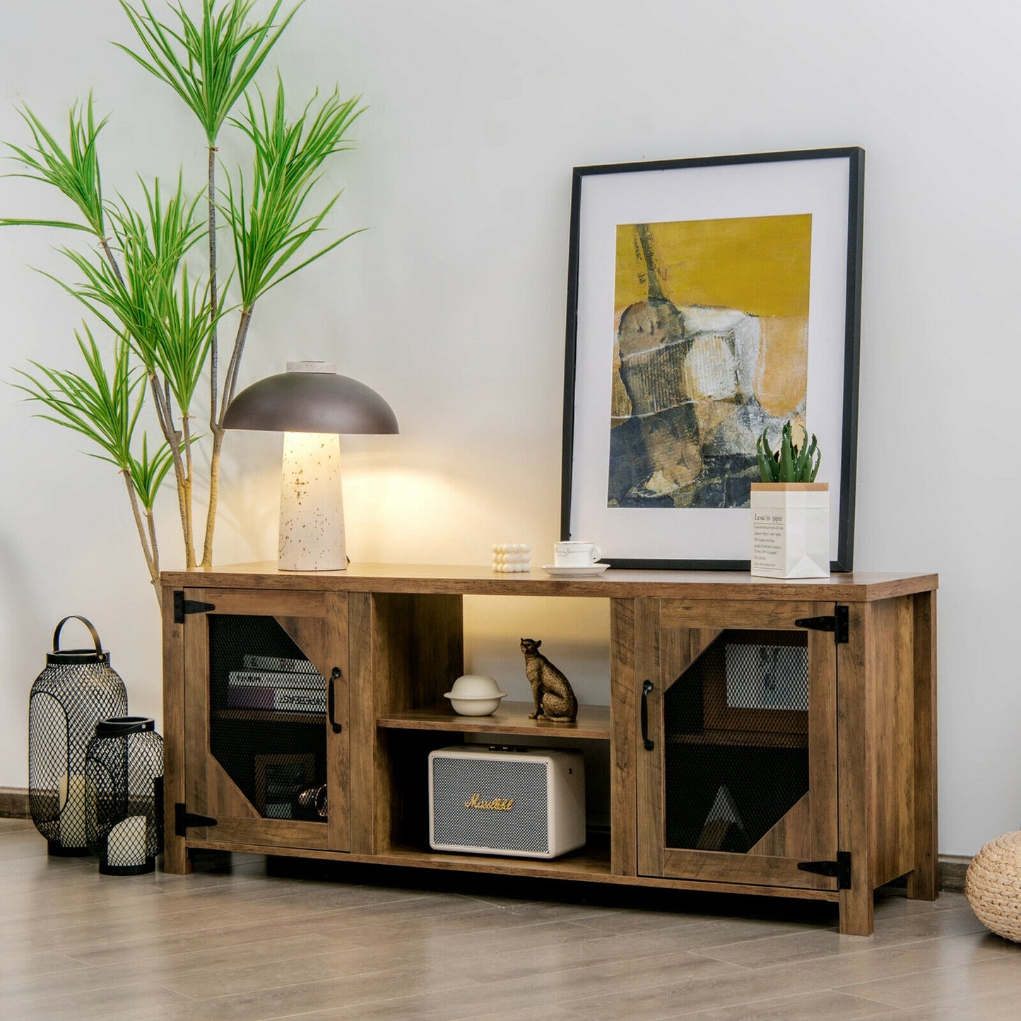 Industrial TV Console with Mesh Door Cabinets and Adjustable Storage for TVs up to 65 Inches